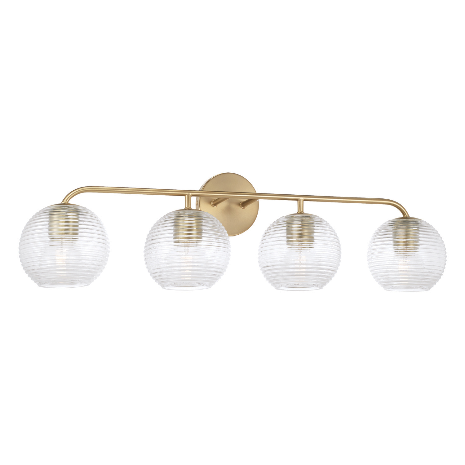 33.5"W x 9.5"H 4-Light Vanity in Matte Brass with Clear Ribbed Glass