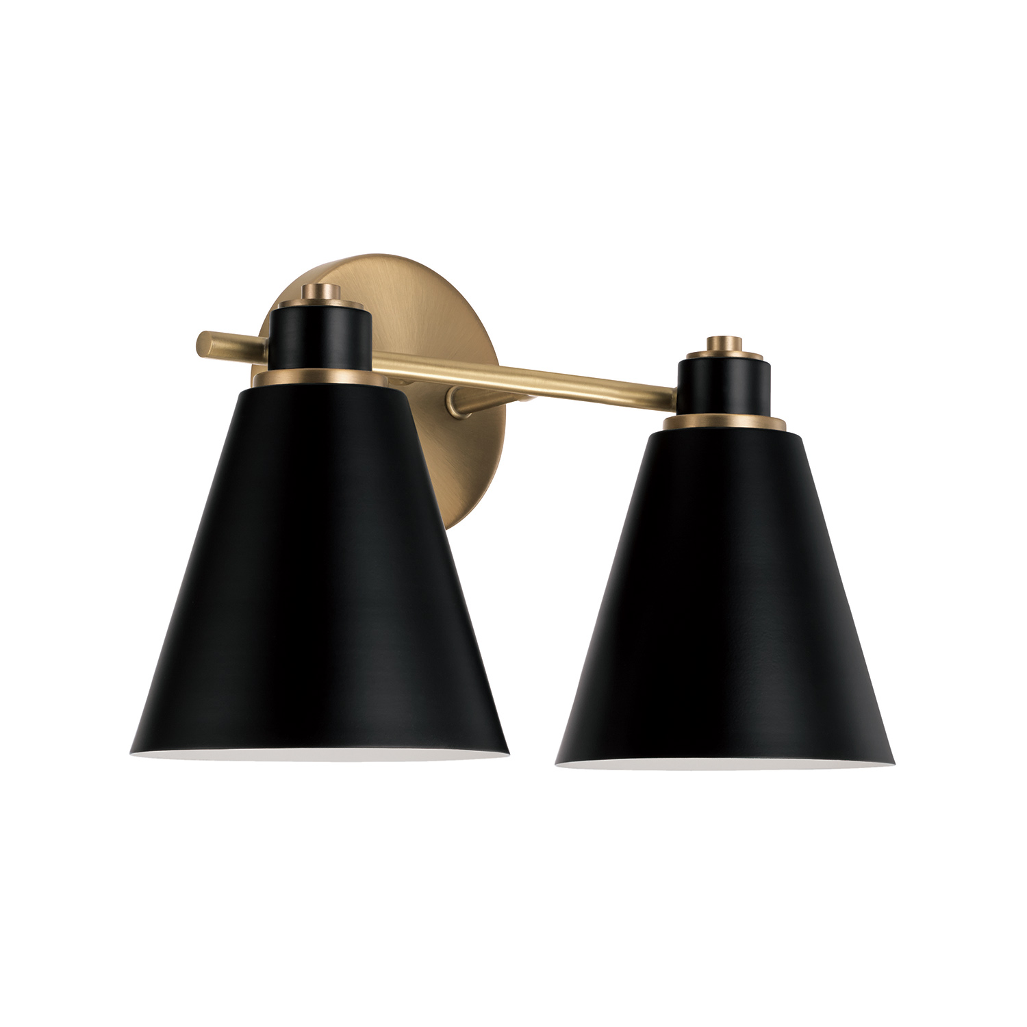 15"W x 9"H 2-Light Vanity in Aged Brass and Black Metal Shade with White Interior