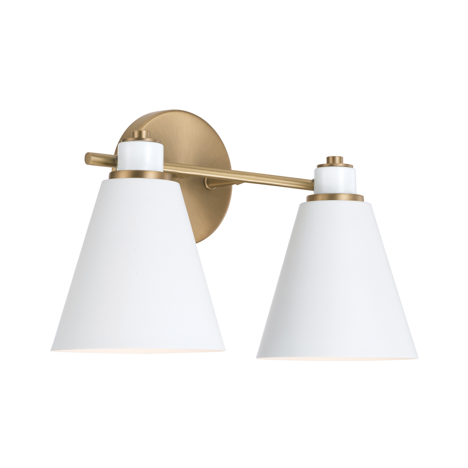 15"W x 9"H 2-Light Vanity in Aged Brass and White Metal Shade with White Interior