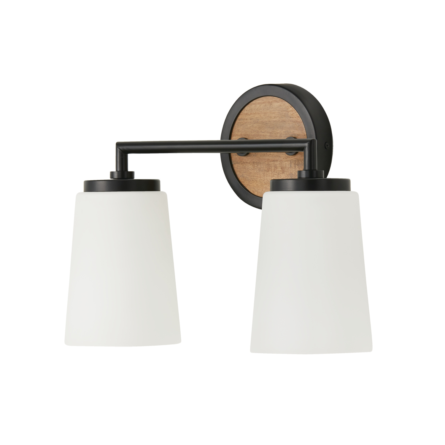 14"W x 10.25"H 2-Light Vanity in Matte Black and Mango Wood with Soft White Glass