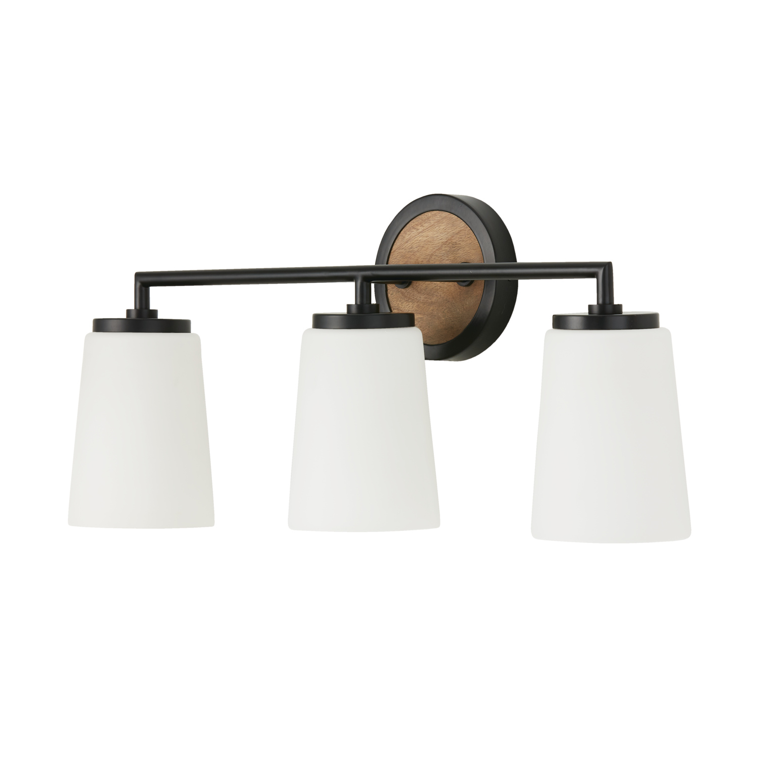 23.50"W x 10.25"H 3-Light Vanity in Matte Black and Mango Wood with Soft White Glass