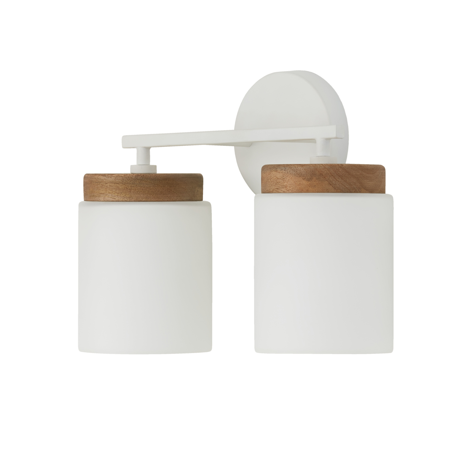 14"W x 10.25"H 2-Light Cylindrical Vanity in White with Mango Wood and Soft White Glass