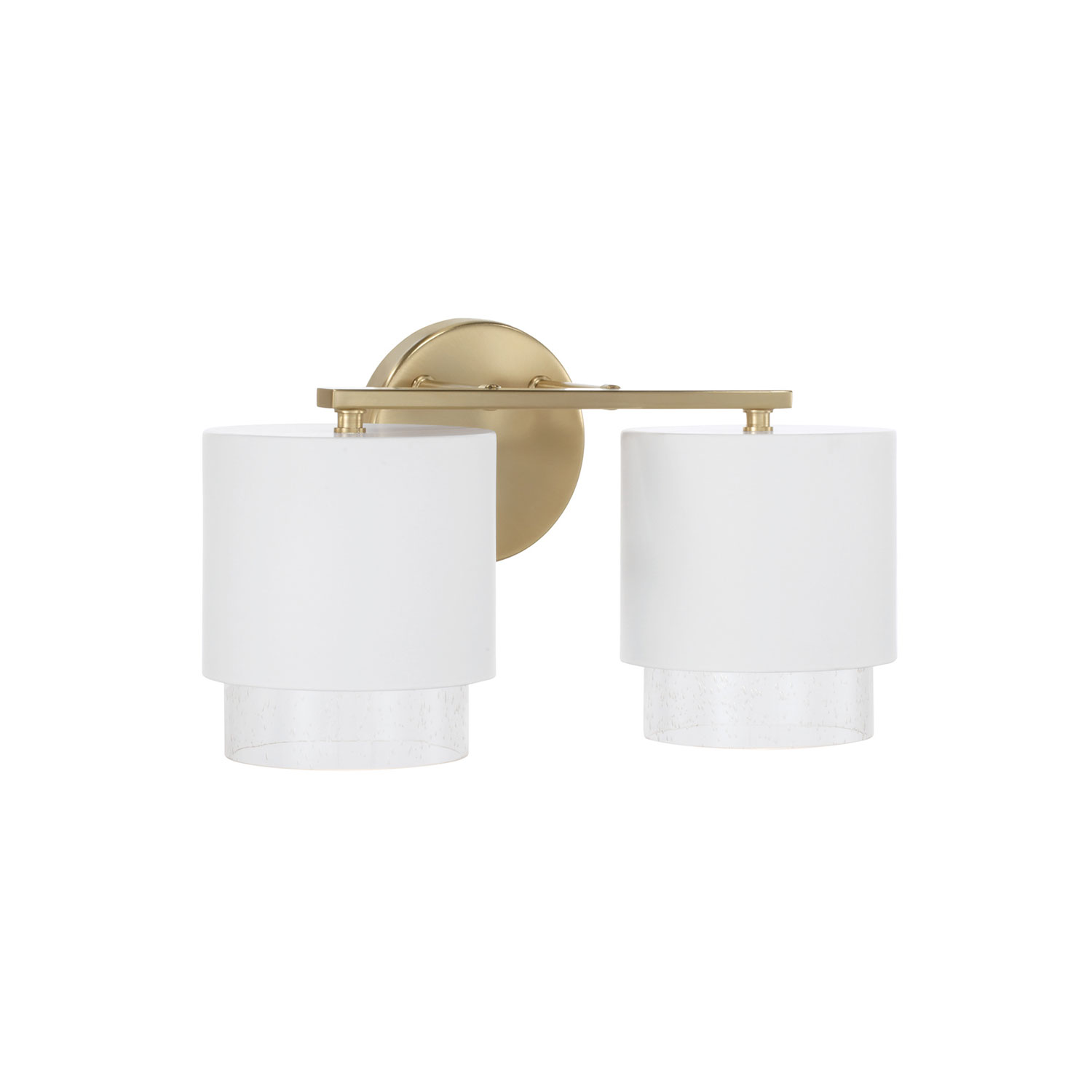 16"W x 8.25"H 2-Light Cylindrical Metal Vanity in Matte White with Matte Brass Interior and Seeded Glass