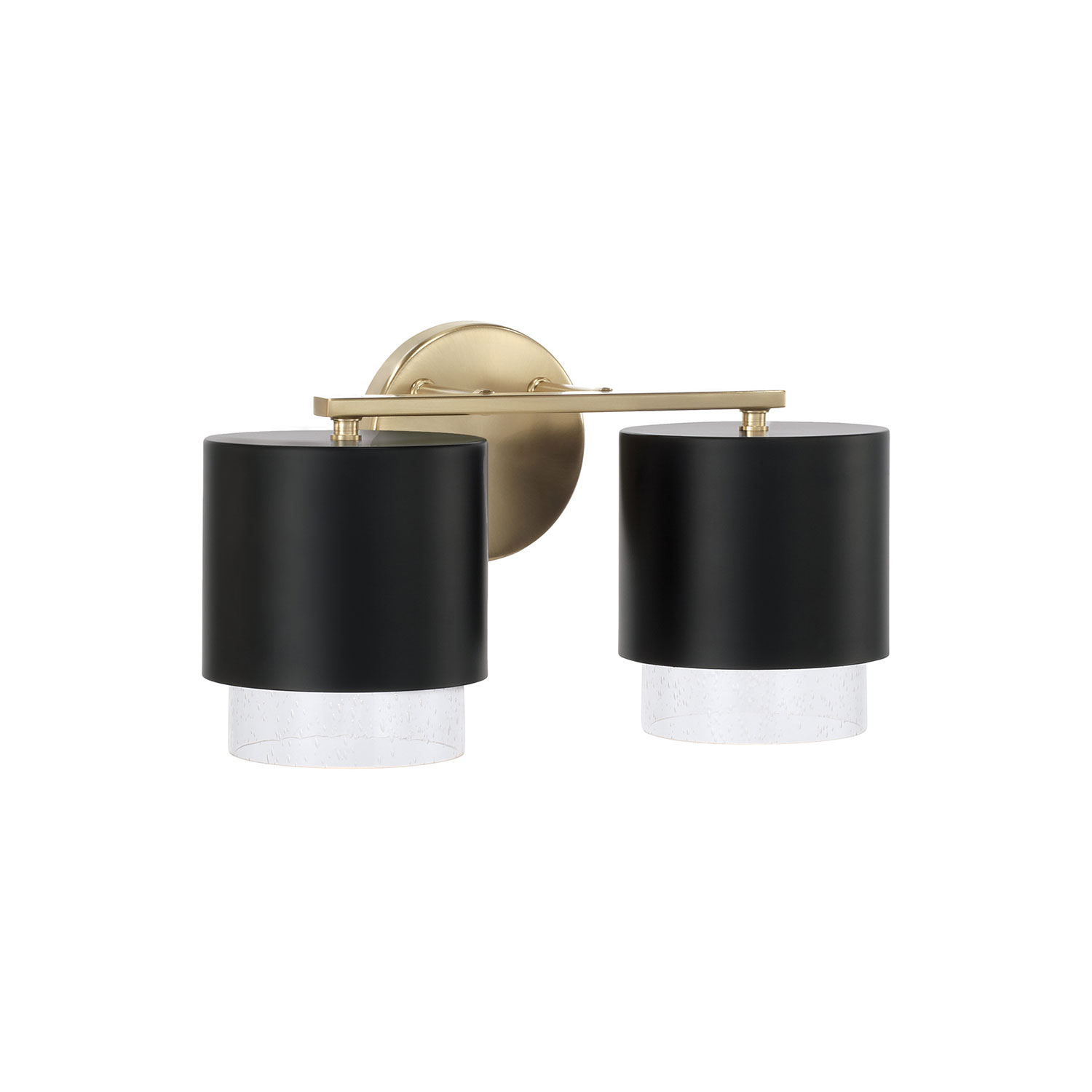 17"W x 8.25"H 2-Light Cylindrical Metal Vanity in Matte Black with Matte Brass Interior and Seeded Glass