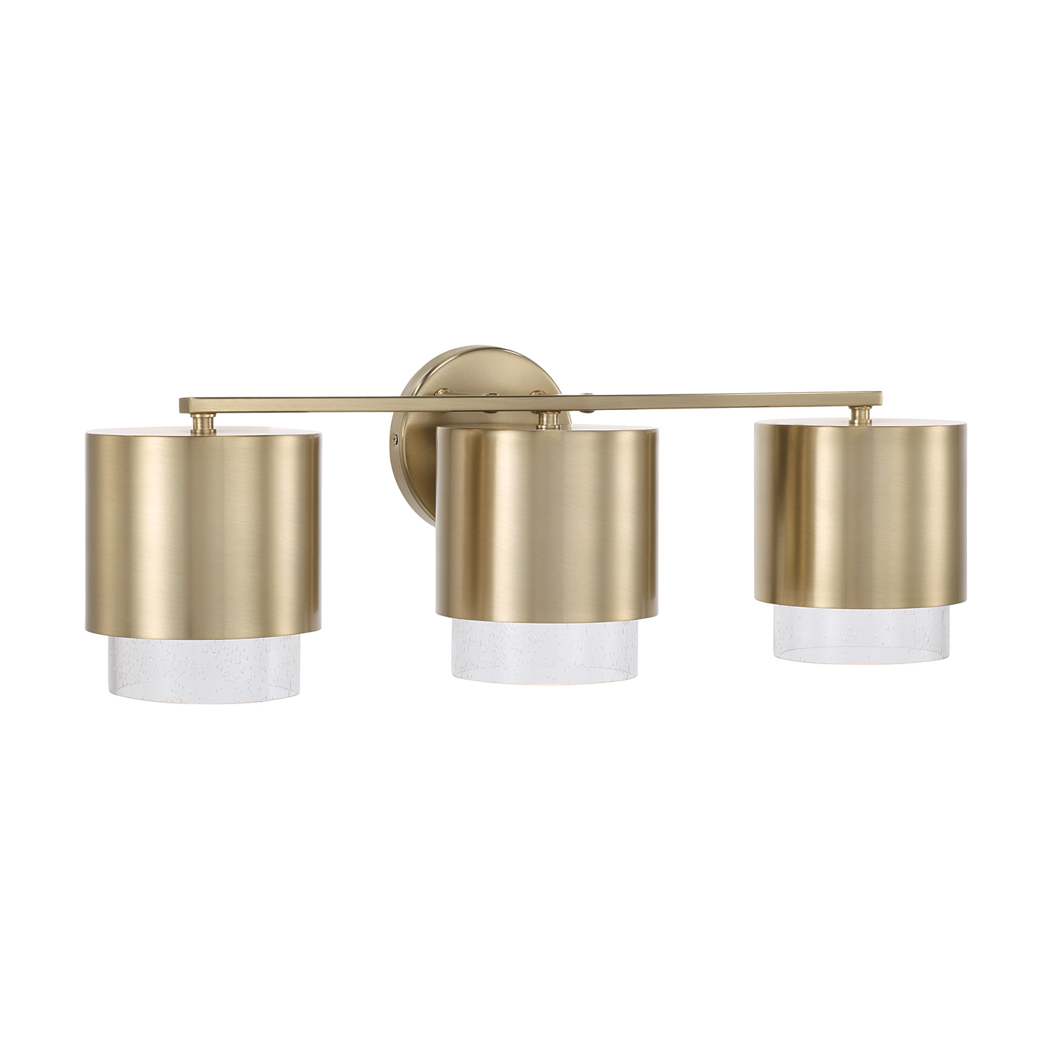 24.25"W x 8.25"H 3-Light Cylindrical Metal Vanity in Matte Brass with Seeded Glass