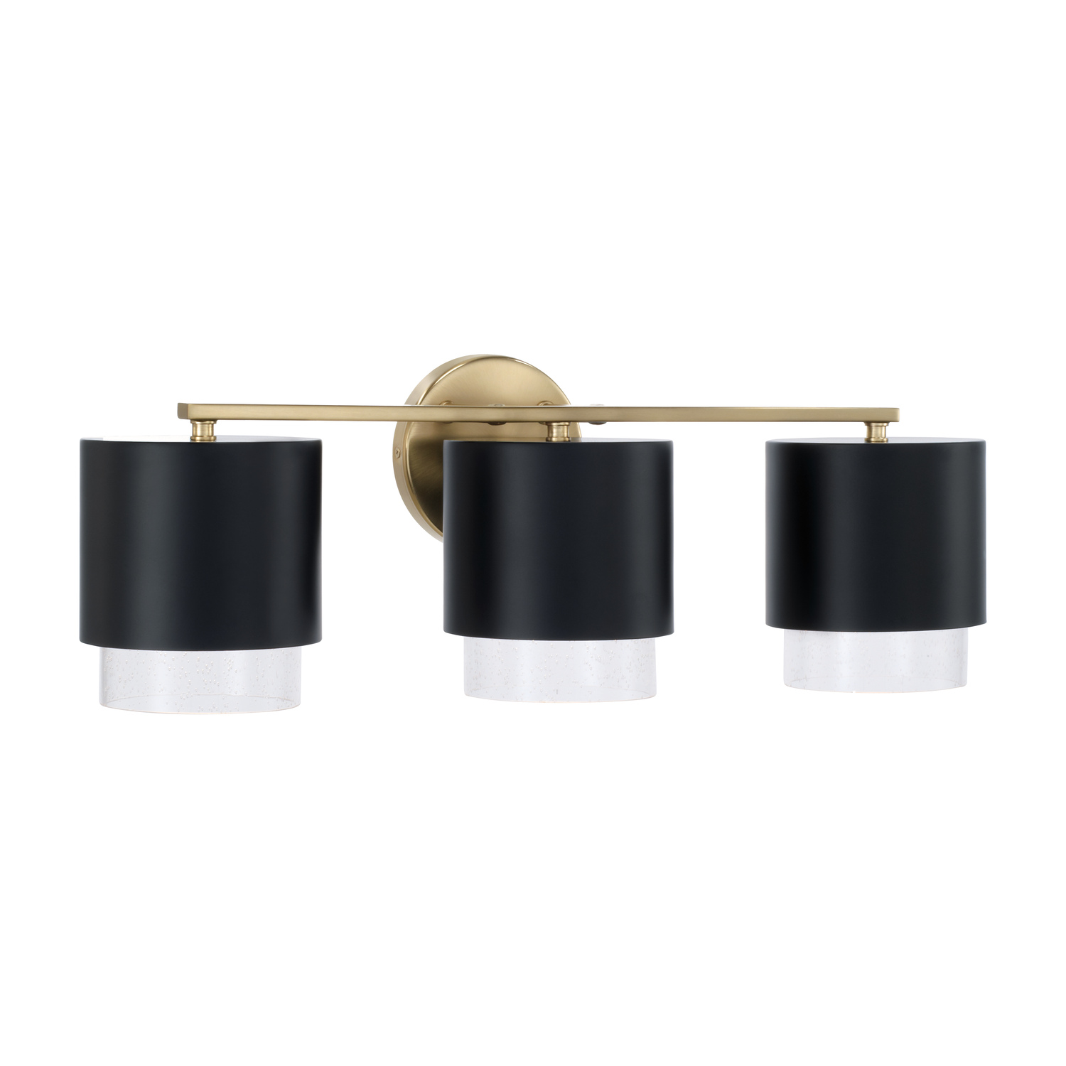 24.25"W x 8.25"H 3-Light Cylindrical Metal Vanity in Matte Black with Matte Brass Interior and Seeded Glass