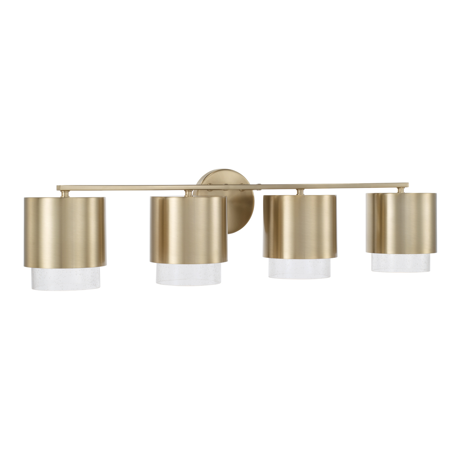 33.50"W x 8.25"H 4-Light Cylindrical Metal Vanity in Matte Brass with Seeded Glass