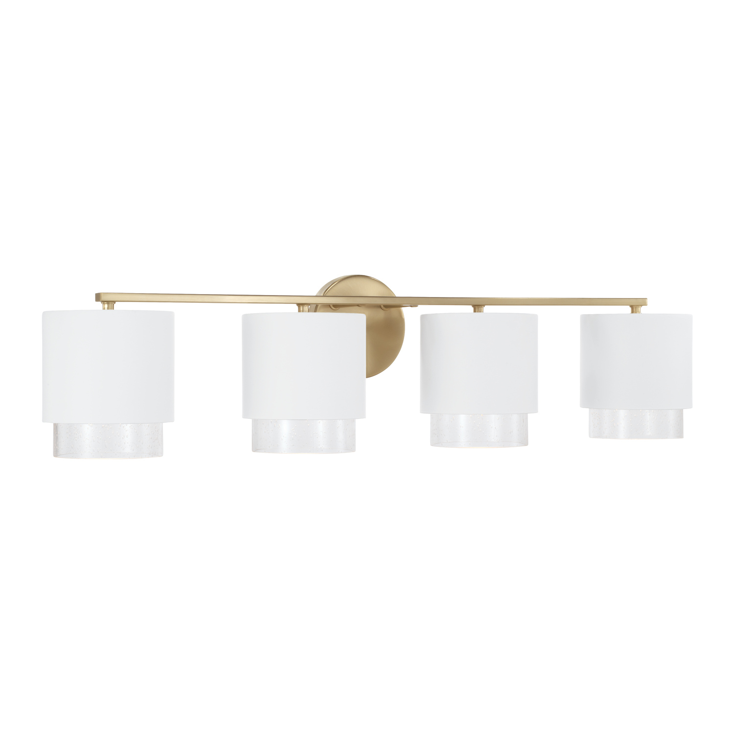 33.50"W x 8.25"H 4-Light Cylindrical Metal Vanity in Matte White with Matte Brass Interior and Seeded Glass
