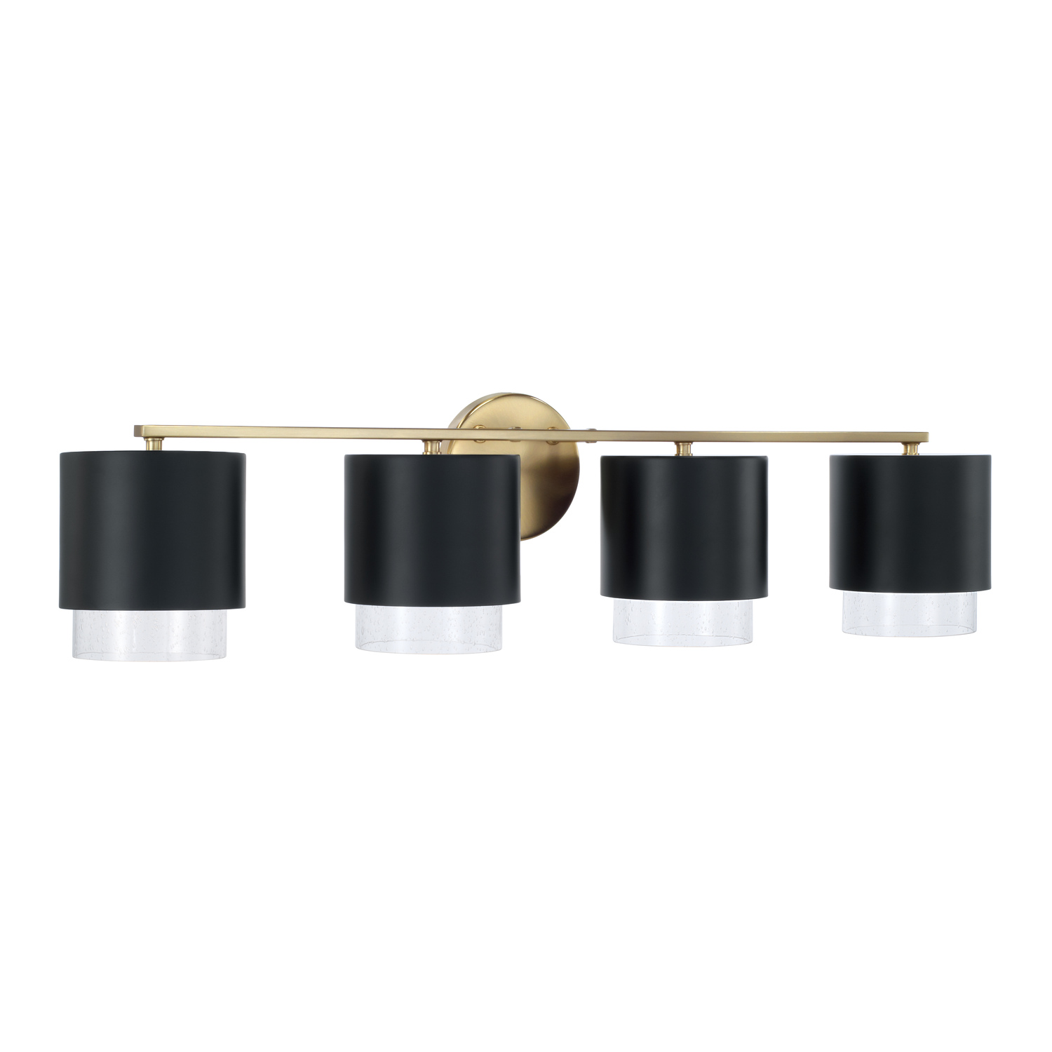 33.50"W x 8.25"H 4-Light Cylindrical Metal Vanity in Matte Black with Matte Brass Interior and Seeded Glass