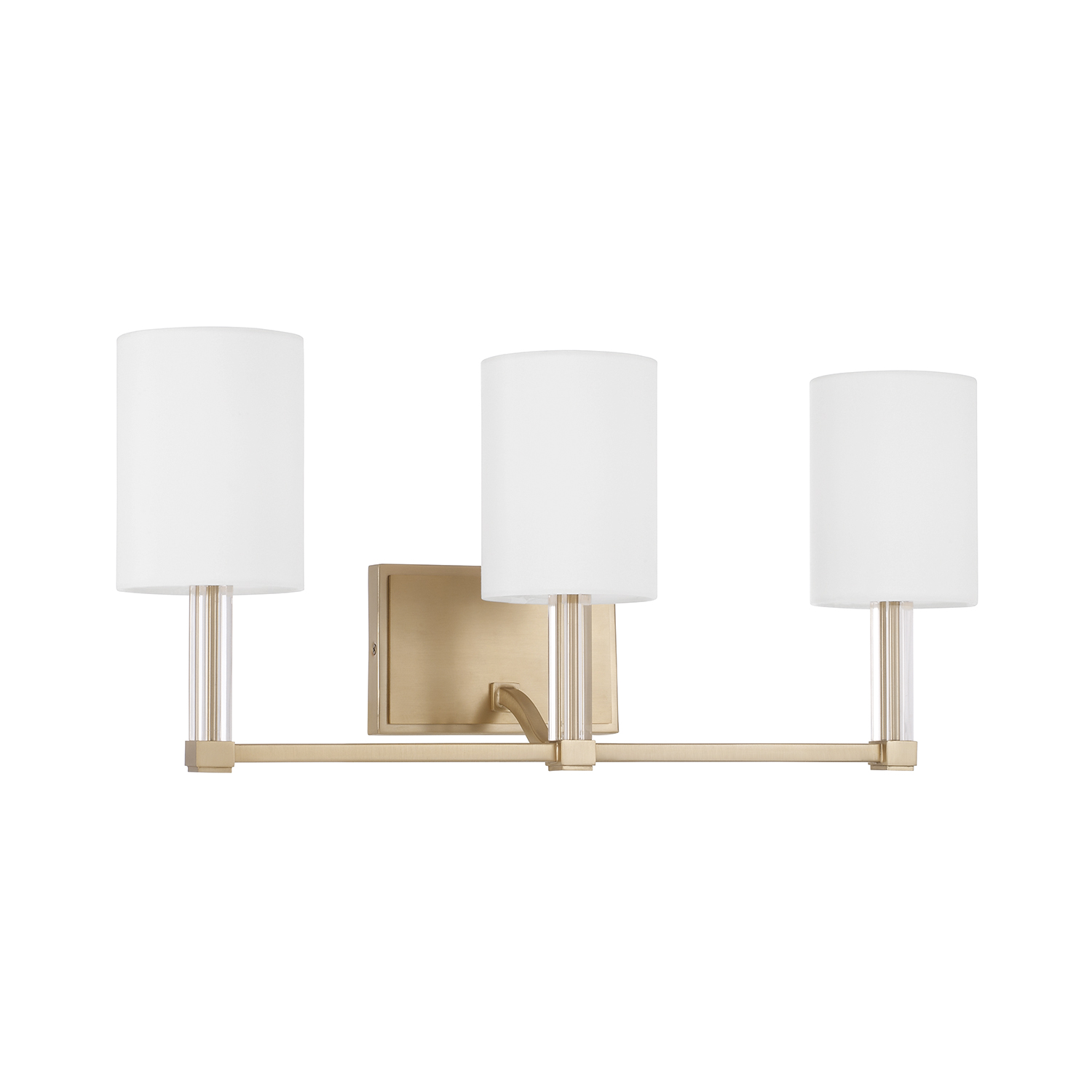 24" W x 9.75" H 3-Light Vanity in Matte Brass with Clear Acrylic Accents and Cylindrical White Fabric Shades