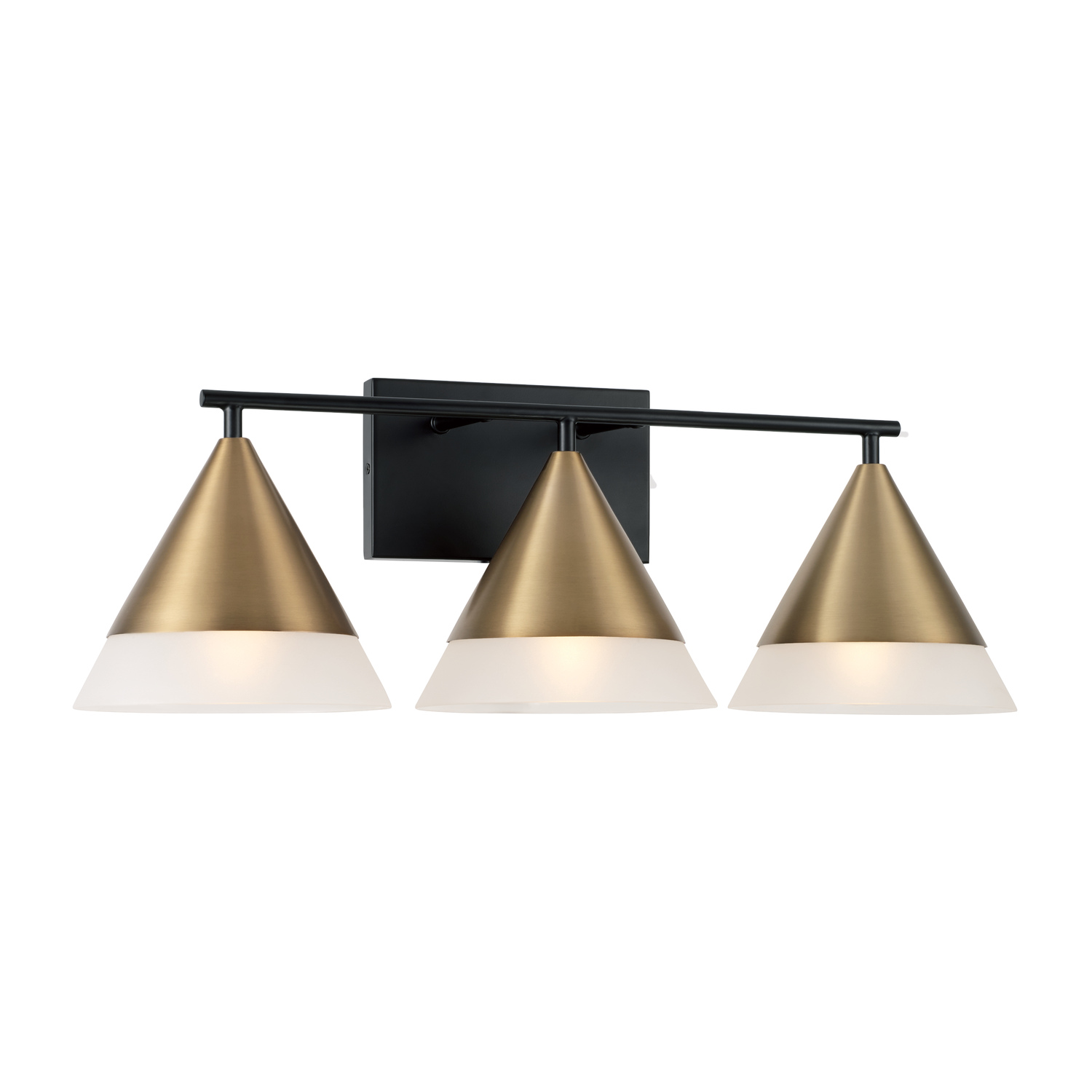 26"W x 9"H 3-Light Cone Vanity in Black with Aged Brass and Frosted Glass Shades