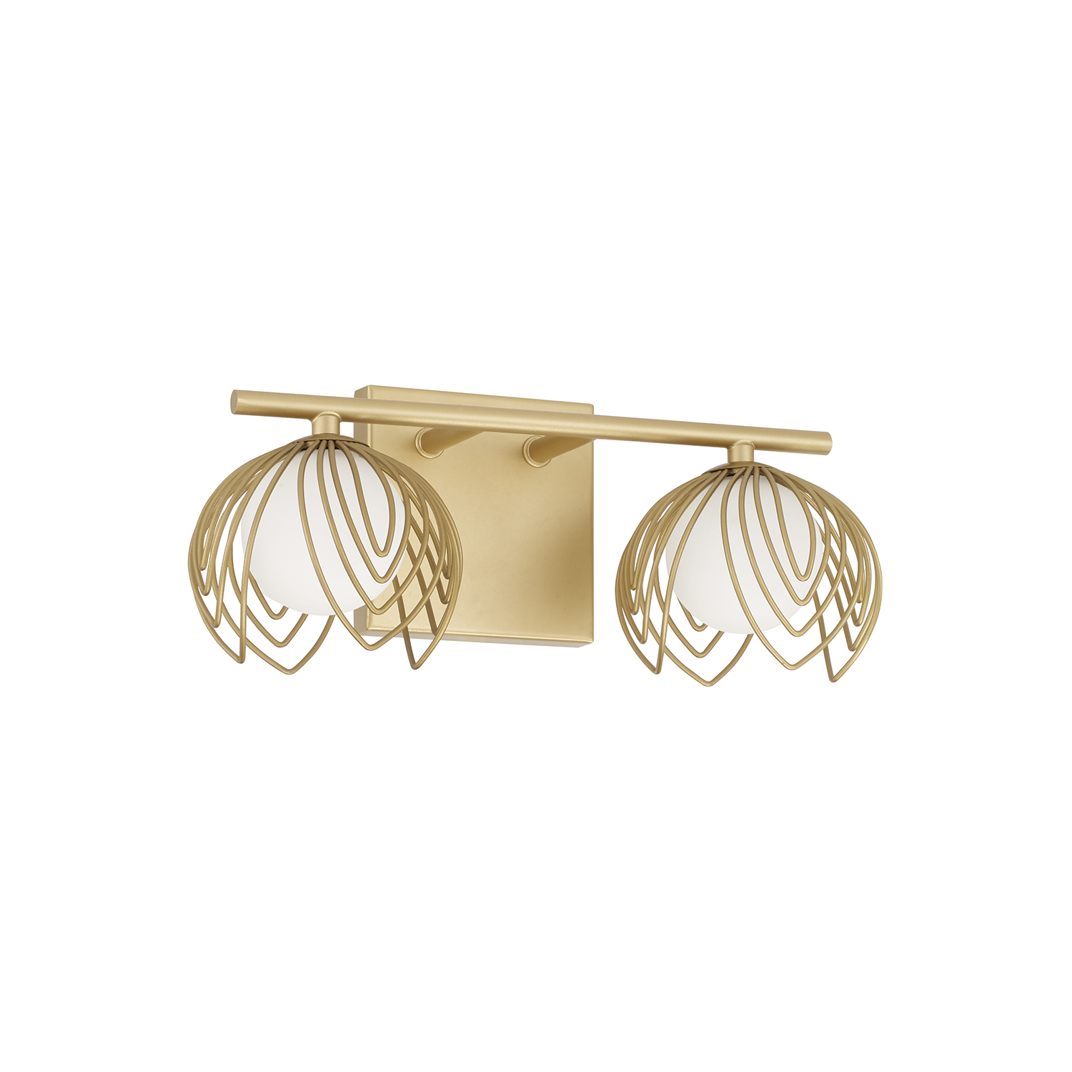 14" W x 6.25" H 2-Light Vanity in Buffed Gold with Bent Wire Petals and Soft White Glass Globes