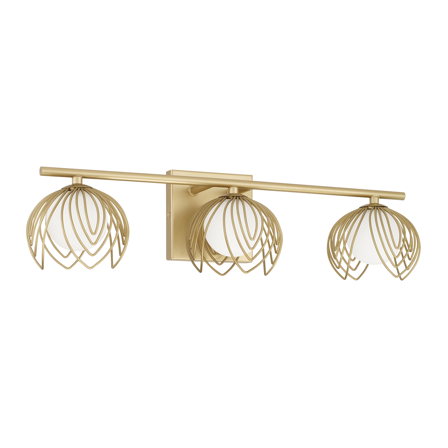22.75" W x 6.25" H 3-Light Vanity in Buffed Gold with Bent Wire Flower Petals and Soft White Glass Globes