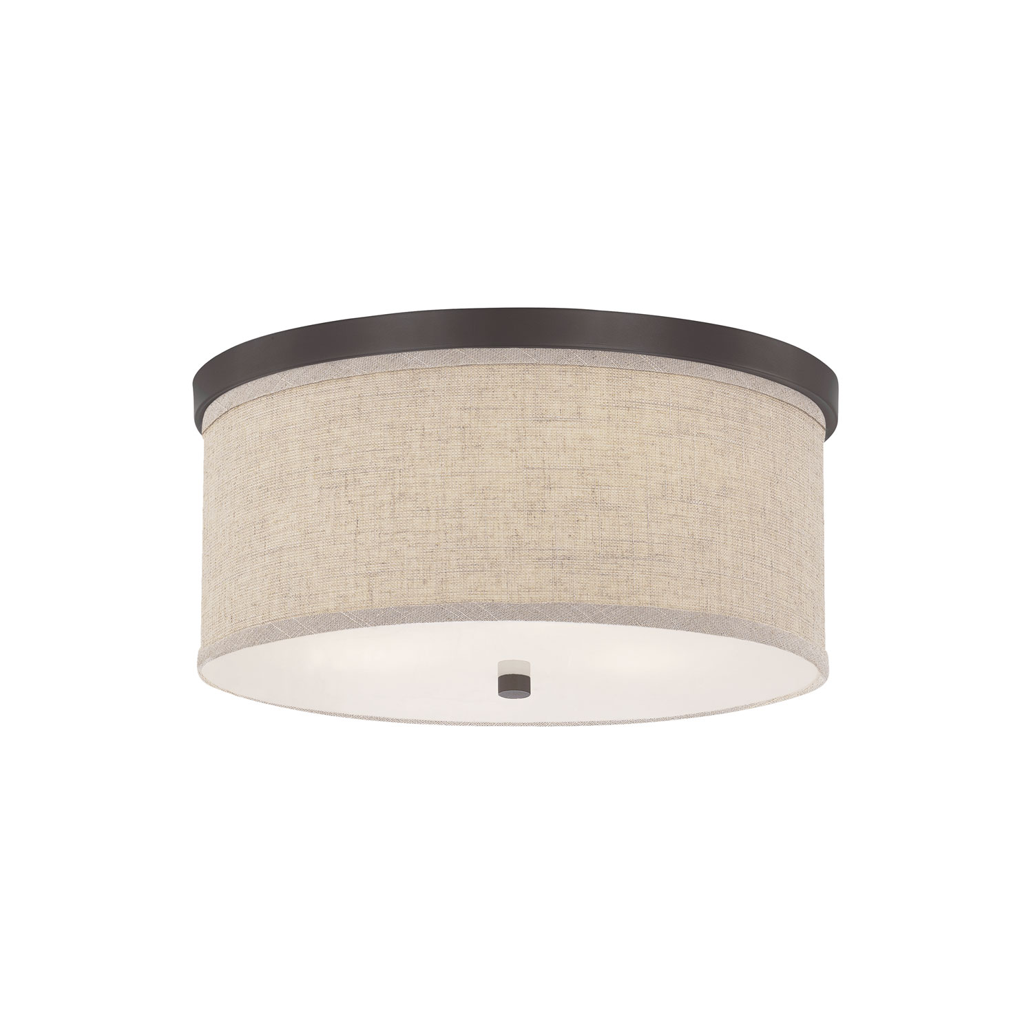 16" W x 7" H 3-Light Flush Mount in Burnished Bronze - Tan Fabric Drum Shade with Diffuser