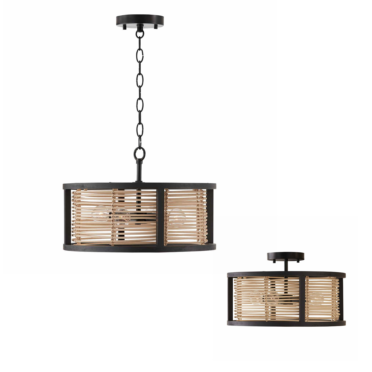 16" W x 10.5" H 4-Light Semi-Flush or Pendant in Flat Black made with Handcrafted Mango Wood and Rattan