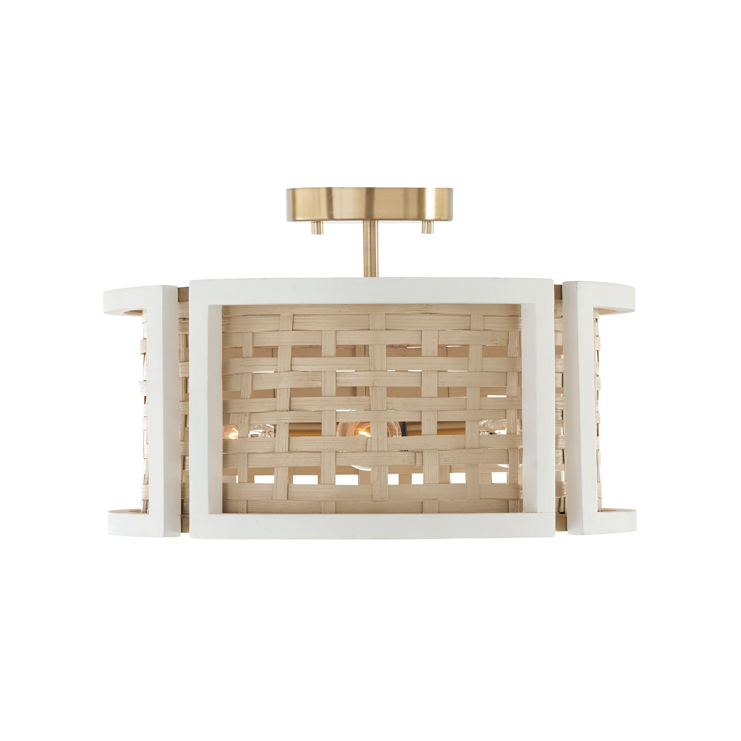 16" W x 11" H 4-Light Semi-Flush or Pendant in Flat White and Matte Brass made with Handcrafted Mango Wood and Rattan