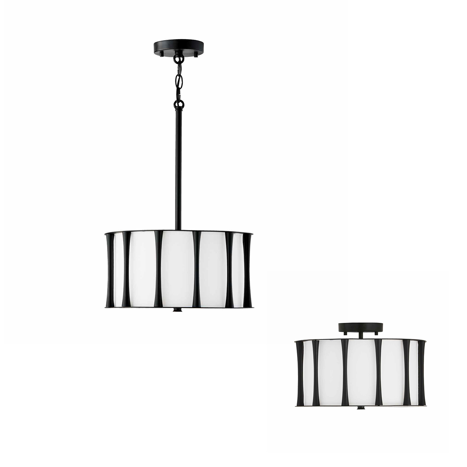 15"W x 9"H 3-Light Semi-Flush in Matte Black with White Fabric Shade