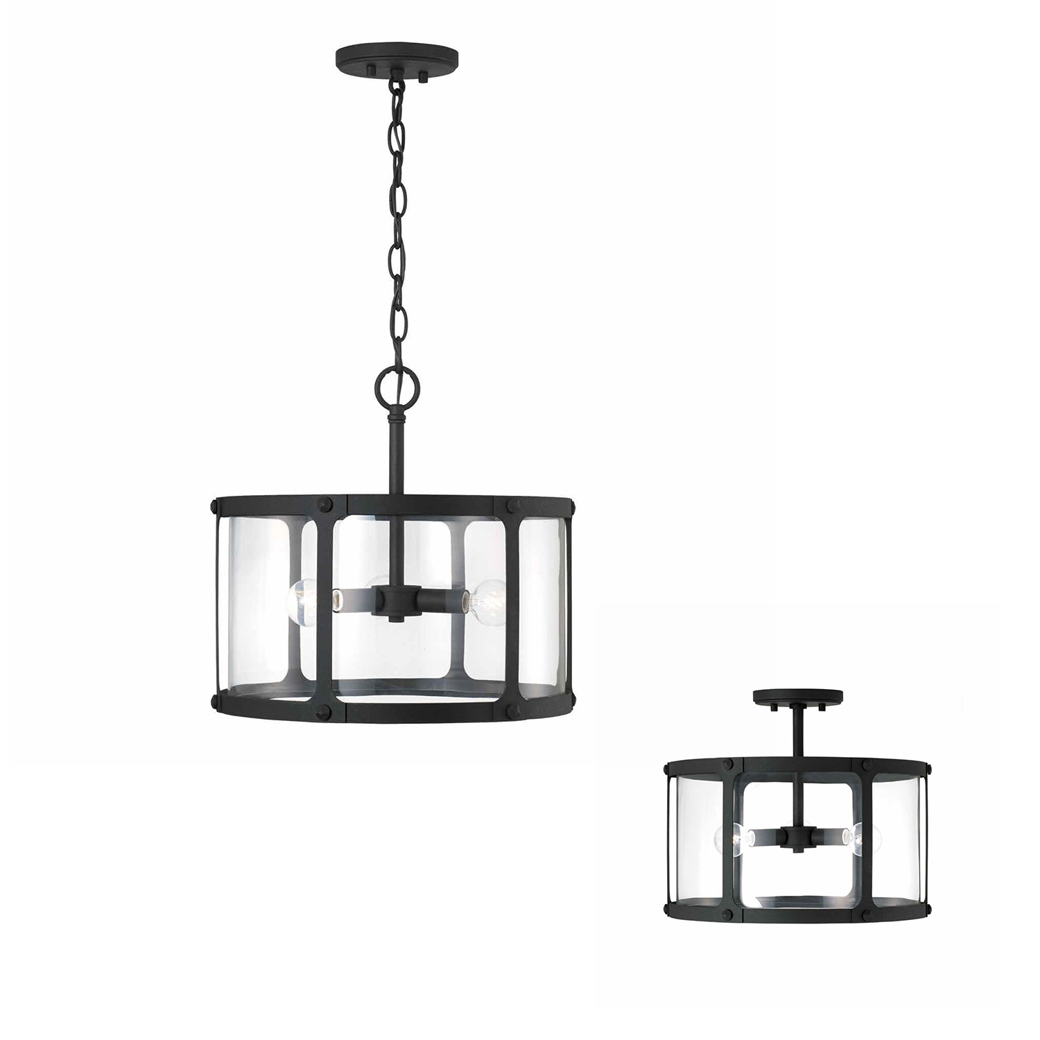 15" W x 14" H 3-Light Semi-Flush or Pendant in Black Iron with Clear Glass