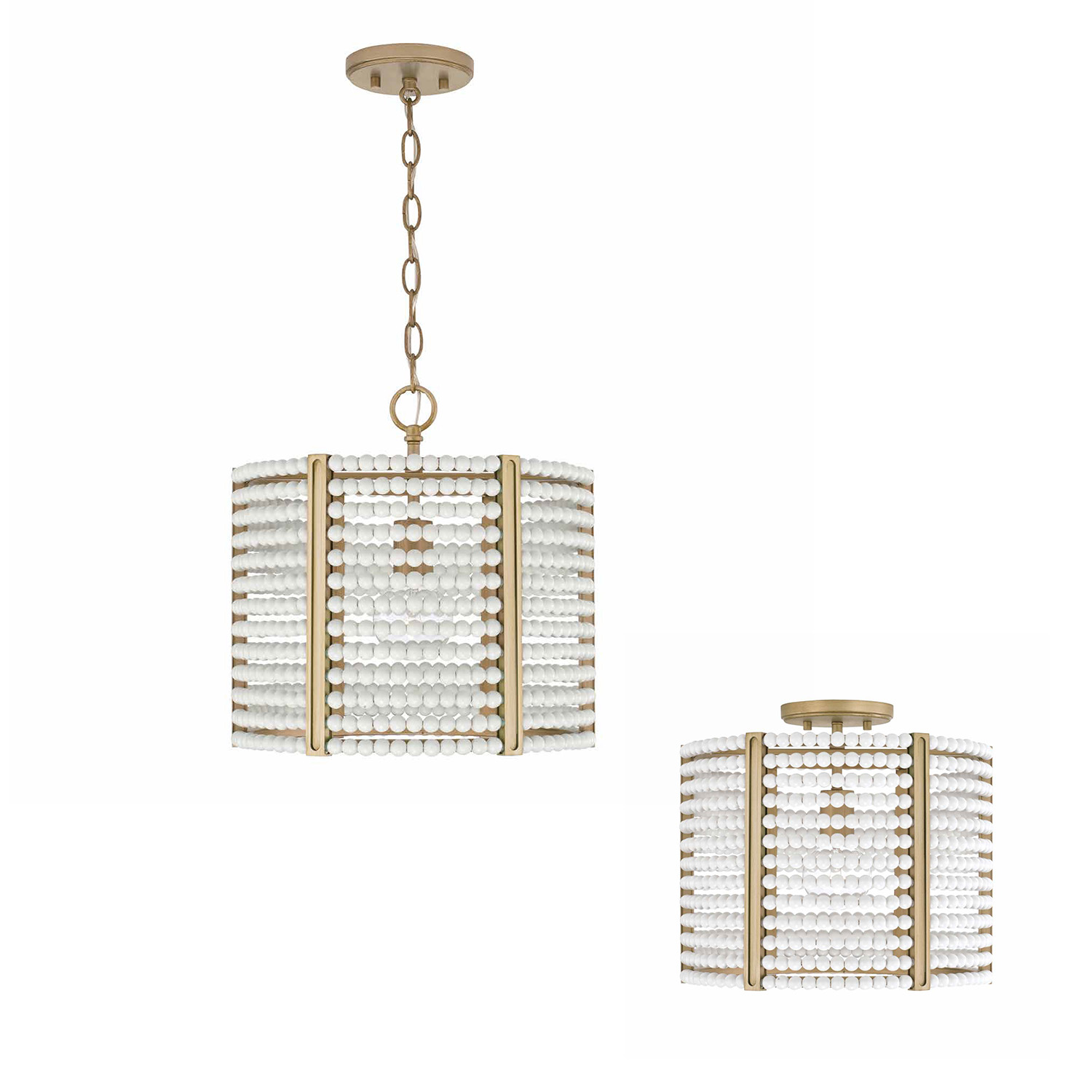 14" W x 14" H 1-Light Semi-Flush or Pendant in Aged Brass Painted with Painted Wooden Beads