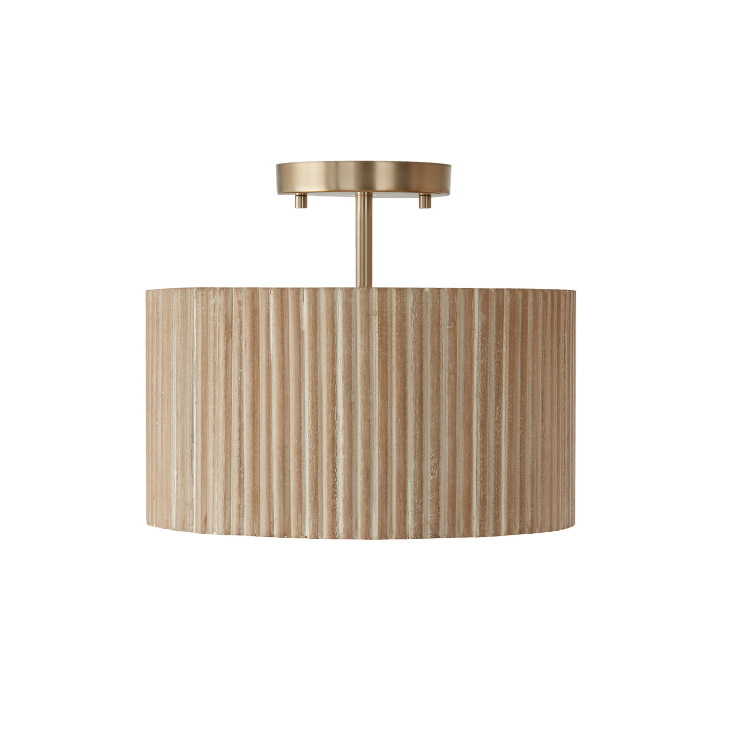 12.50"W x 11.75"H 1-Light Semi-Flush Pendant in Matte Brass and Handcrafted Mango Wood in White Wash