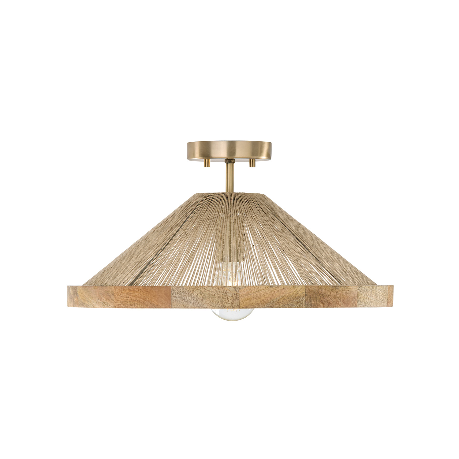 19"W x 7"H 1-Light Dual Mount Pendant in Matte Brass with Mango Wood and Handwrapped Natural Jute Rope String