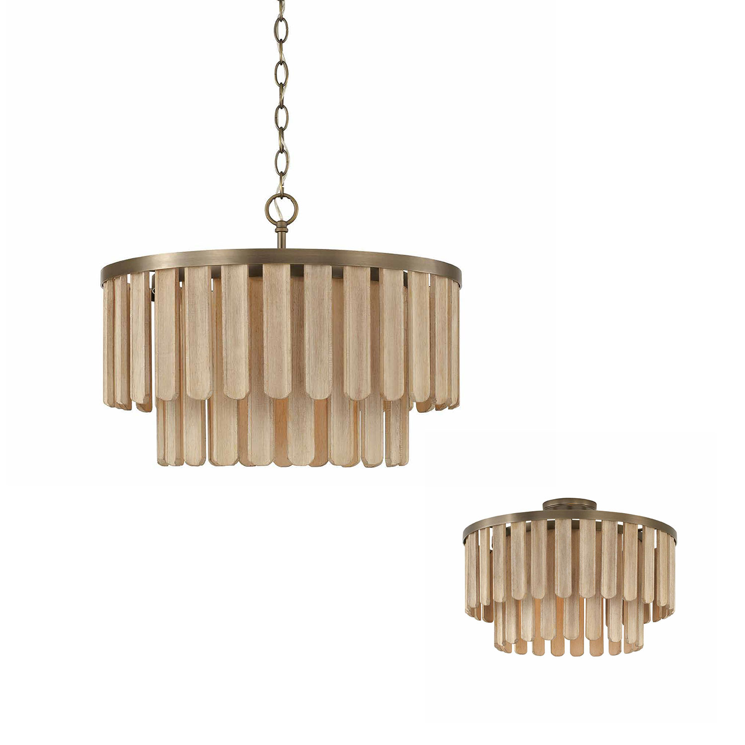 20" W x 14" H 1-Light Dual Mount Pendant in Dark Brass with Handcrafted Mango Wood in Nordic Grey Stain