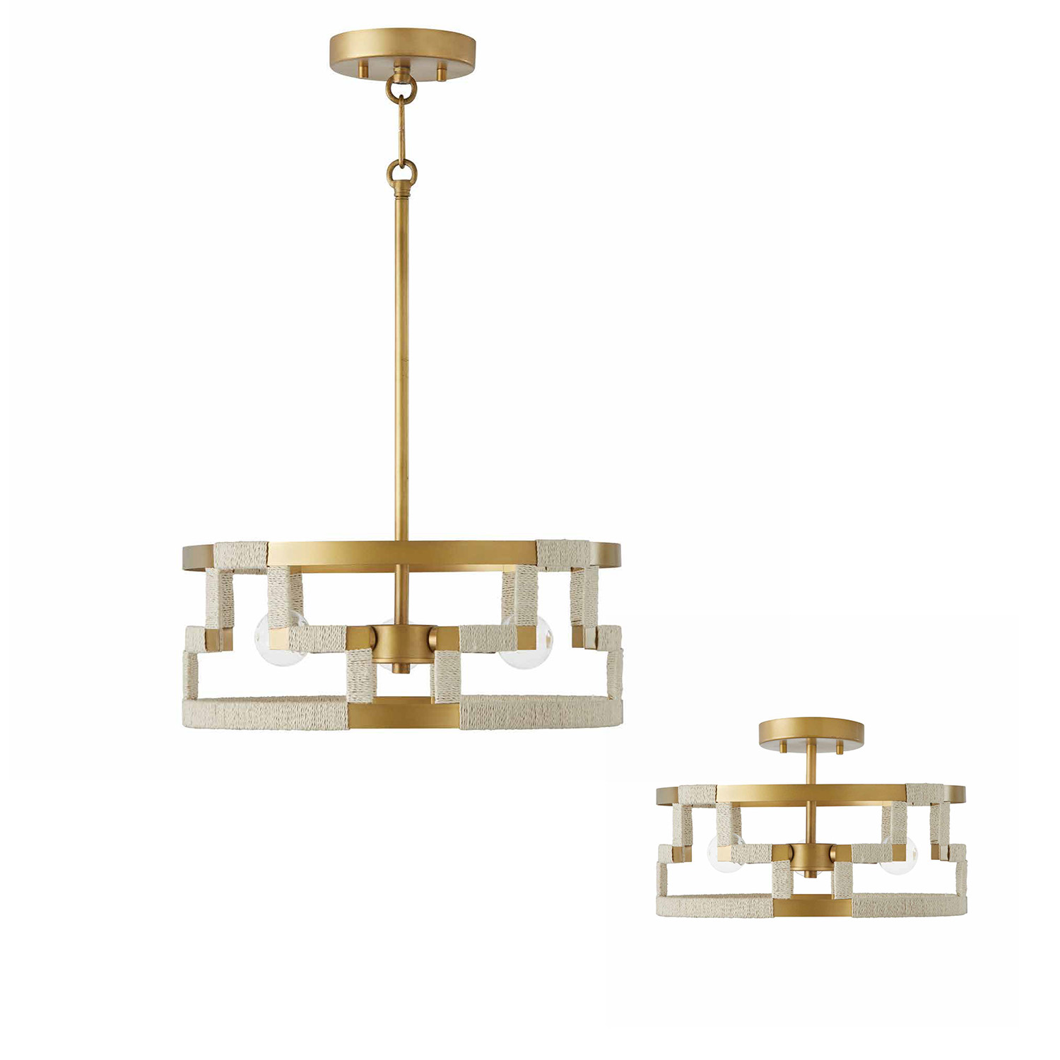 15" W x 6" H 3-Light Dual Mount Semi-Flush or Pendant in Bleached Natural Jute and Patinaed Brass - Greek Key Pattern Artisan Crafted