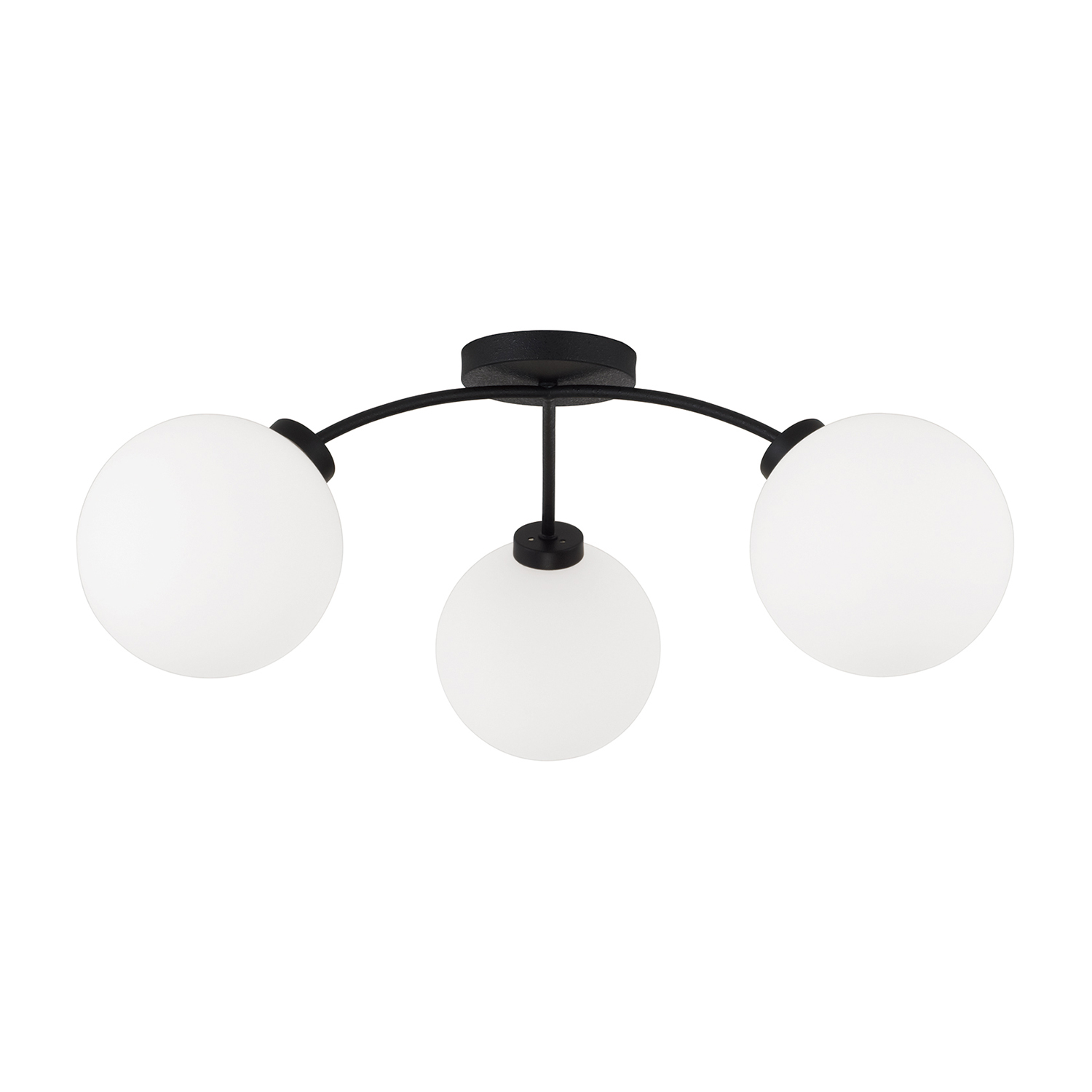 28" W x 9.5" H 3-Light Semi Flush in Matte Black with Soft White Glass Globes