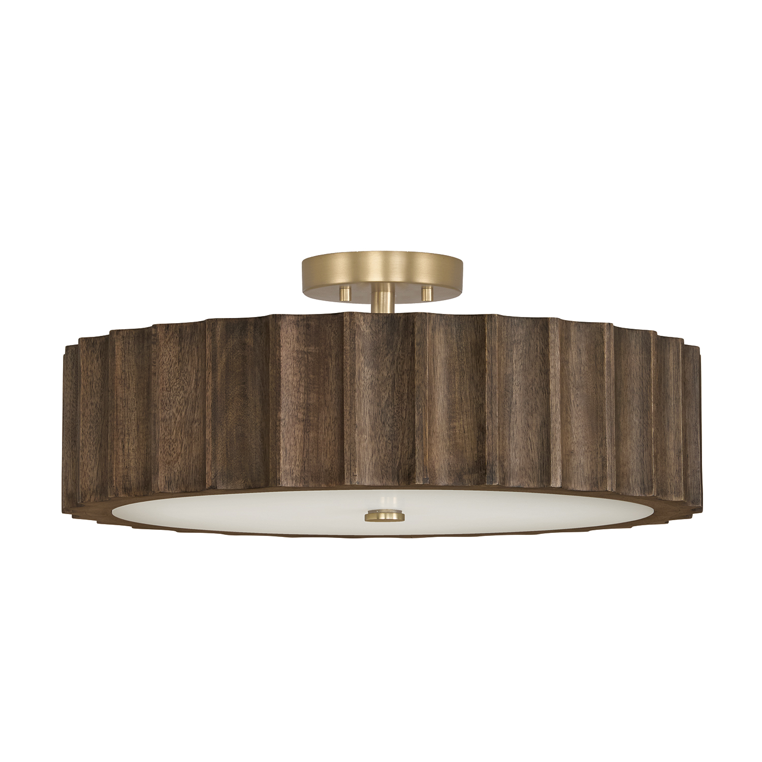 20" W x 8.25" H 4-Light Reversed-Flute Handcrafted Mango Wood Drum Semi Flush in Nordic Wood with Matte Brass and White Glass Diffuser