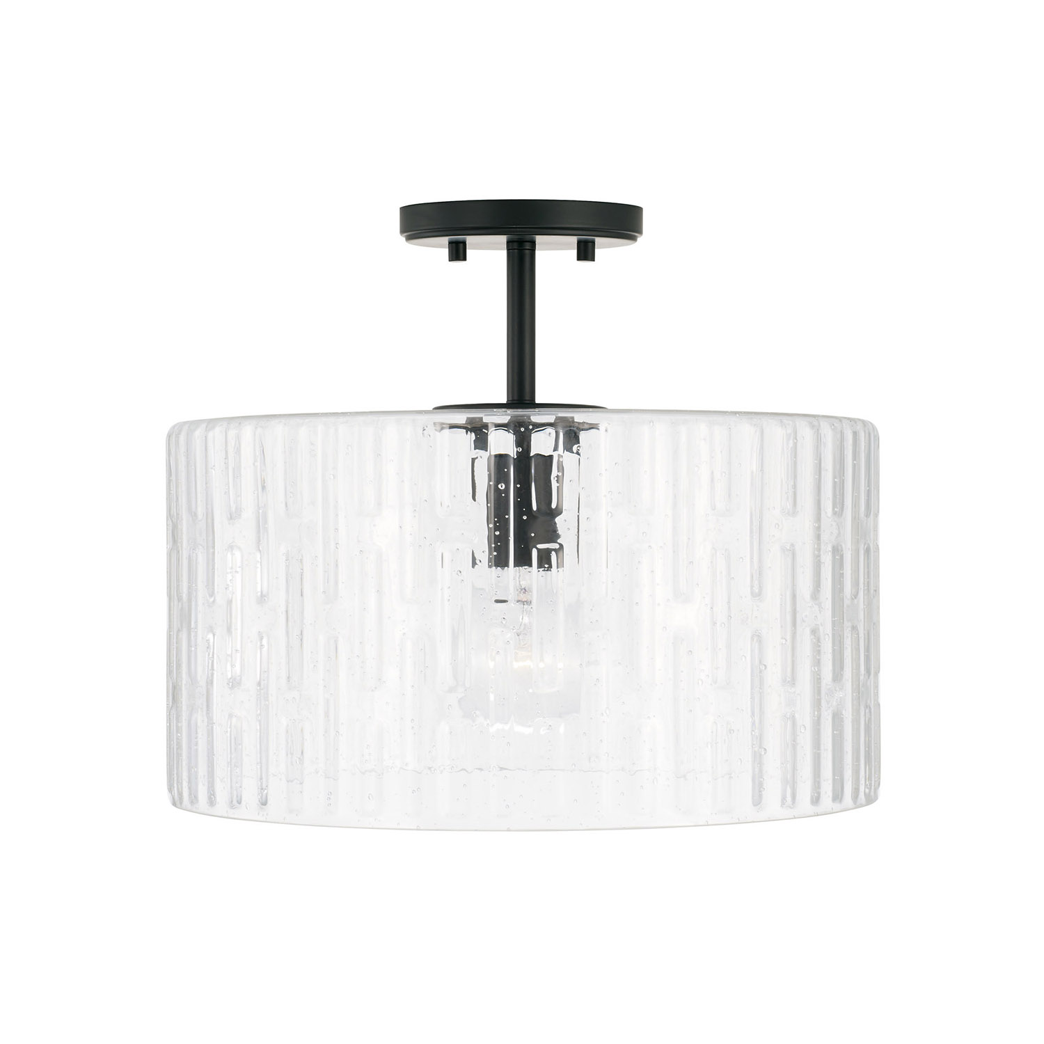 15" W x 14" H 1-Light Dual Mount Semi-Flush or Pendant in Matte Black with Embossed Seeded Glass