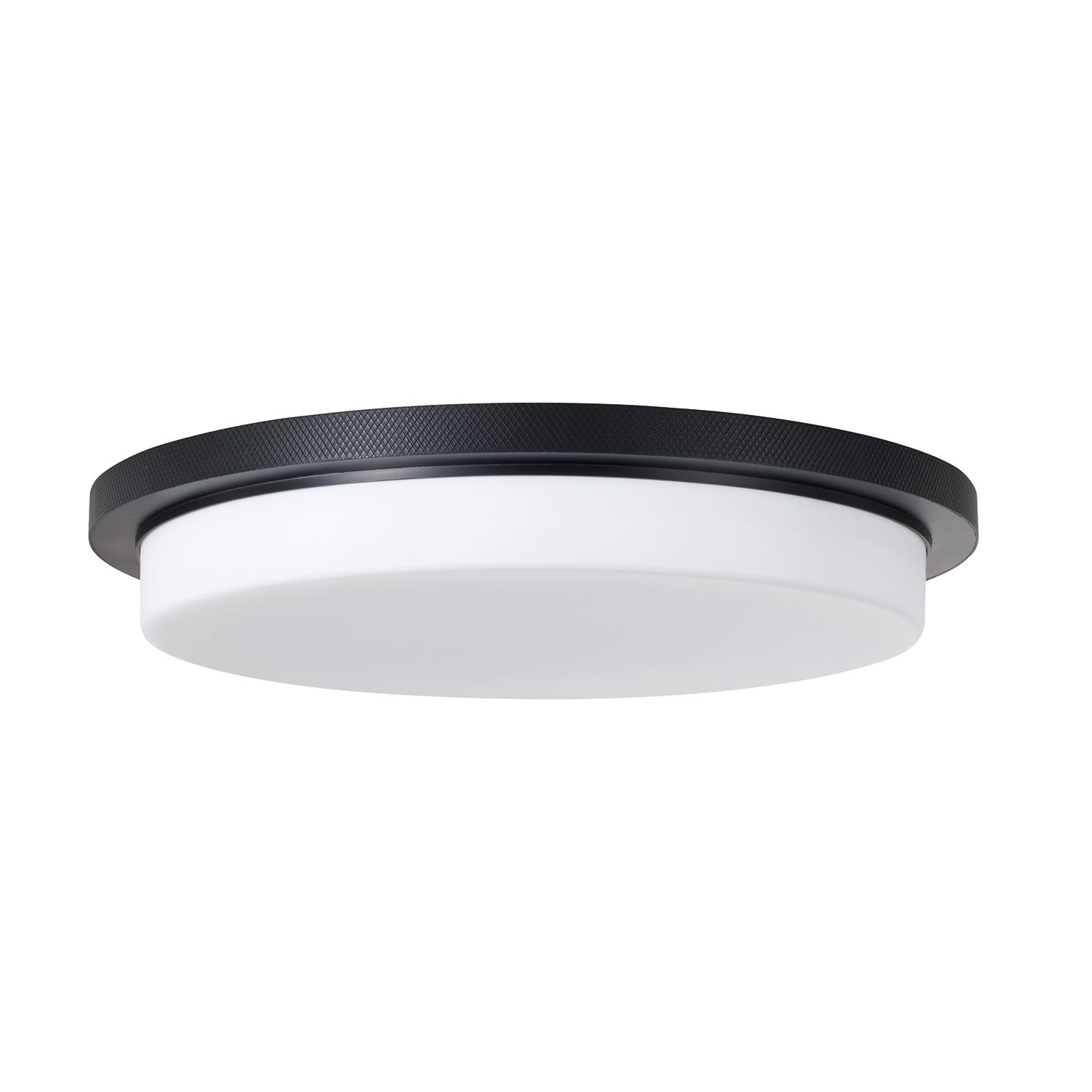16" W x 2.5" H Integrated LED Flush Mount in Matte Black with Knurled Texture and White Glass