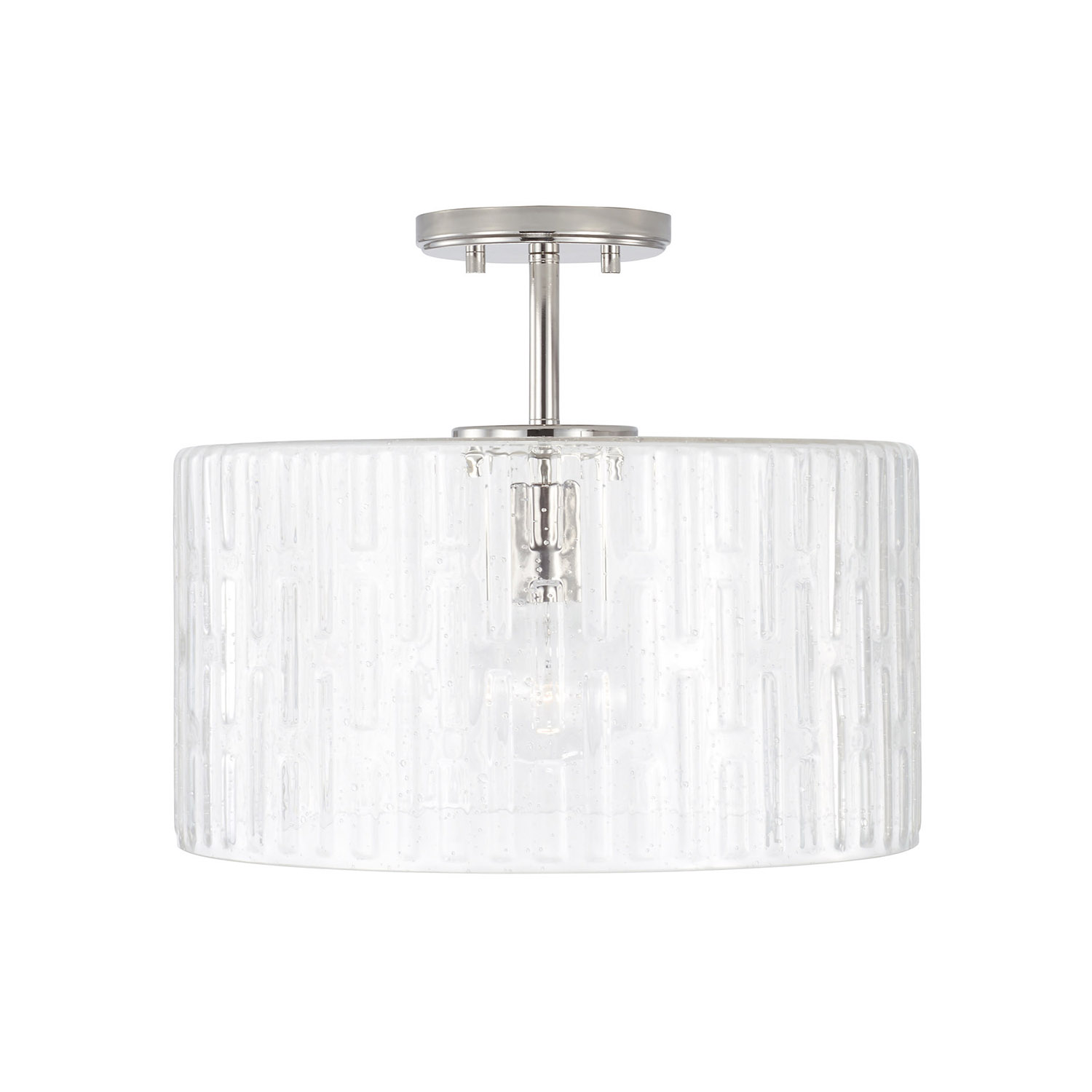 15" W x 14" H 1-Light Dual Mount Semi-Flush or Pendant in Polished Nickel with Embossed Seeded Glass