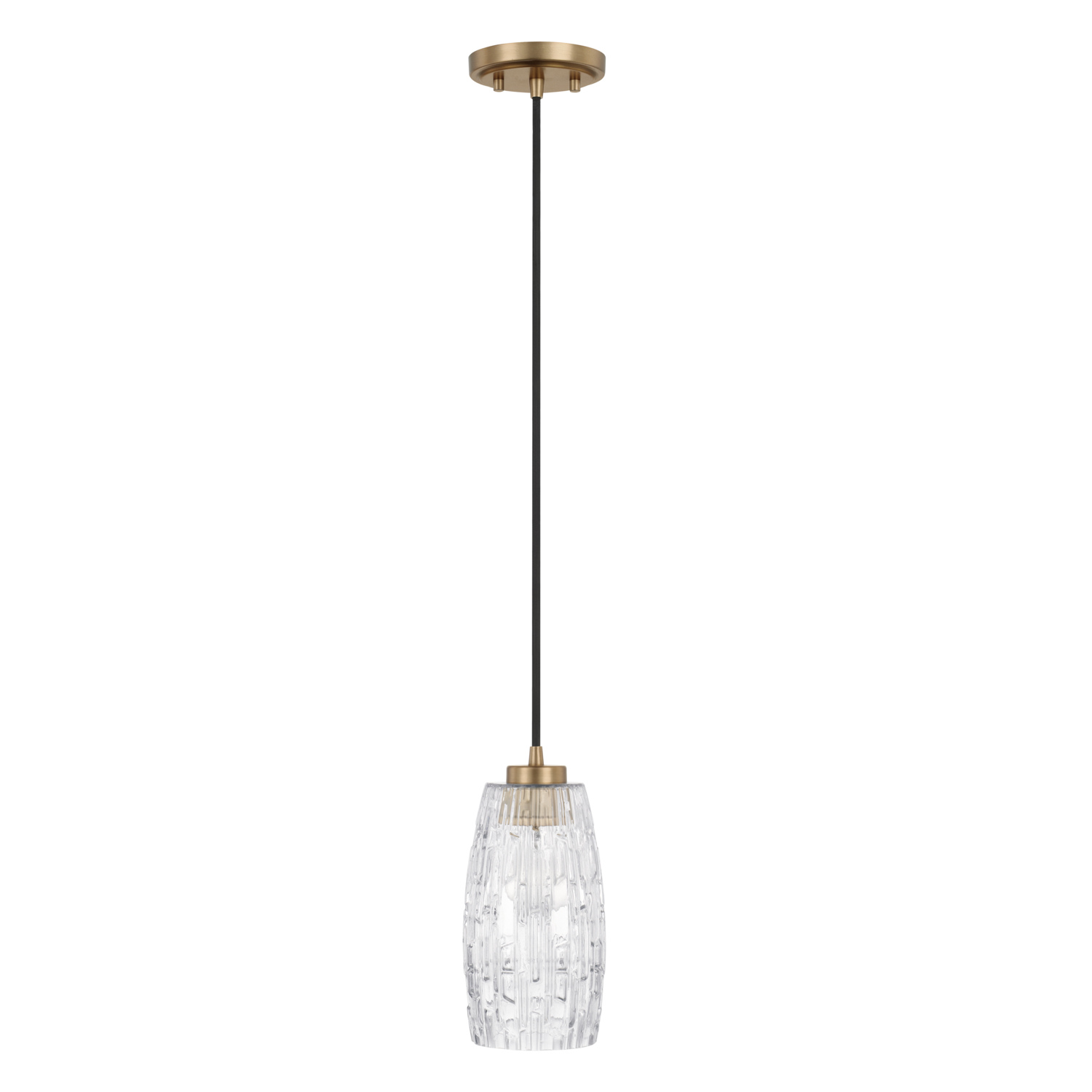 5" W x 10.5" H 1-Light Pendant in Aged Brass with Clear Embossed Glass Shade and Black Cord