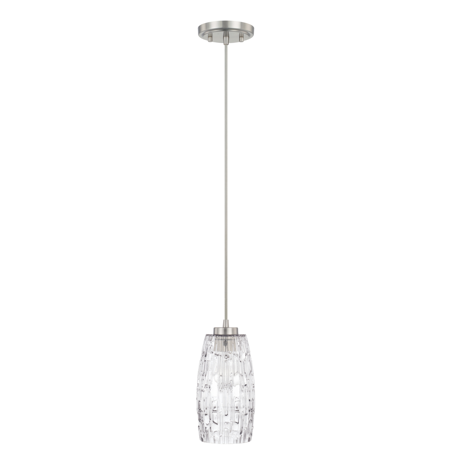 5" W x 10.5" H 1-Light Pendant in Brushed Nickel with Clear Embossed Glass Shade and Grey Cord