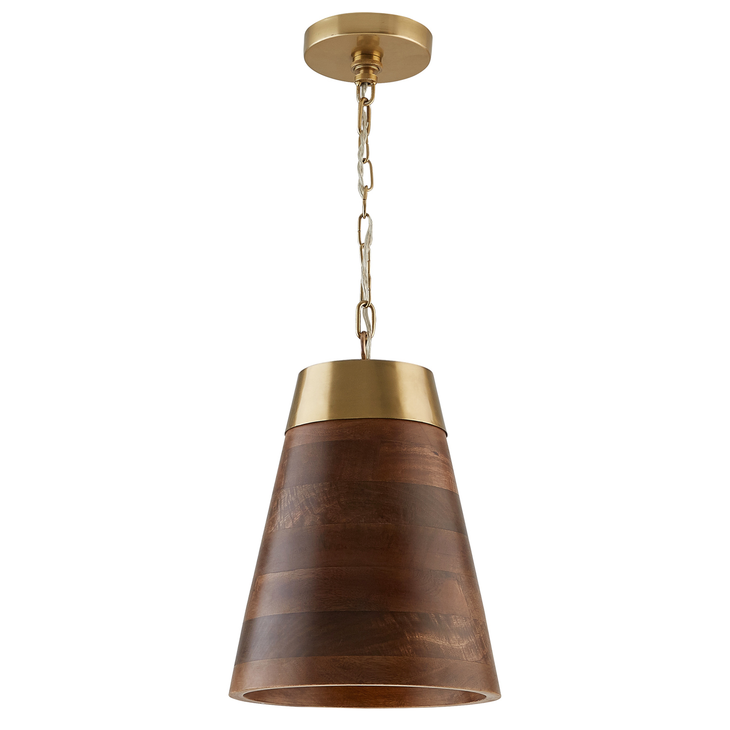 10" W x 14.5" H 1-Light Cone Pendant in Medium Wood and Matte Brass