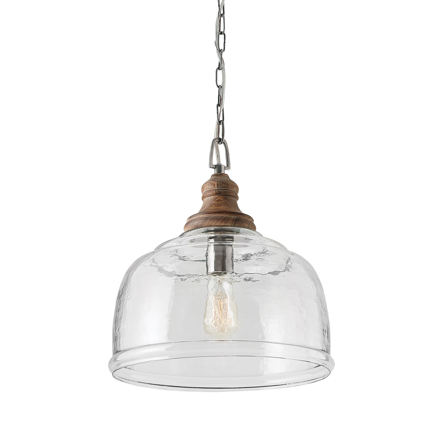 14" W x 15.5" H 1-Light Pendant in Grey Wash Wood Finial and Antqiue Nickel with Clear Organic Rippled Glass
