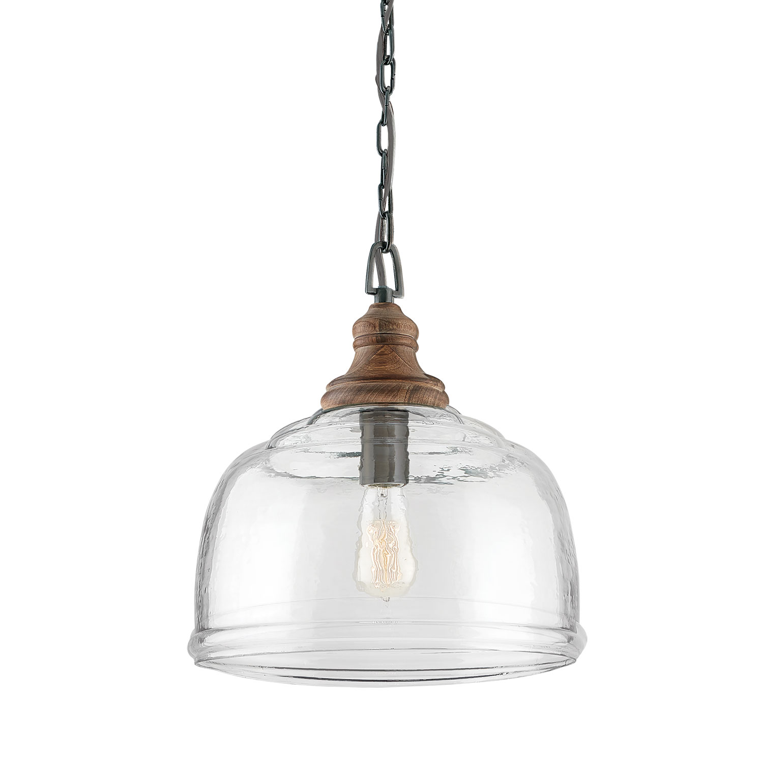 14" W x 15.5" H 1-Light Pendant in Grey Wash Wood Finial and Grey Iron with Clear Organic Rippled Glass Shade