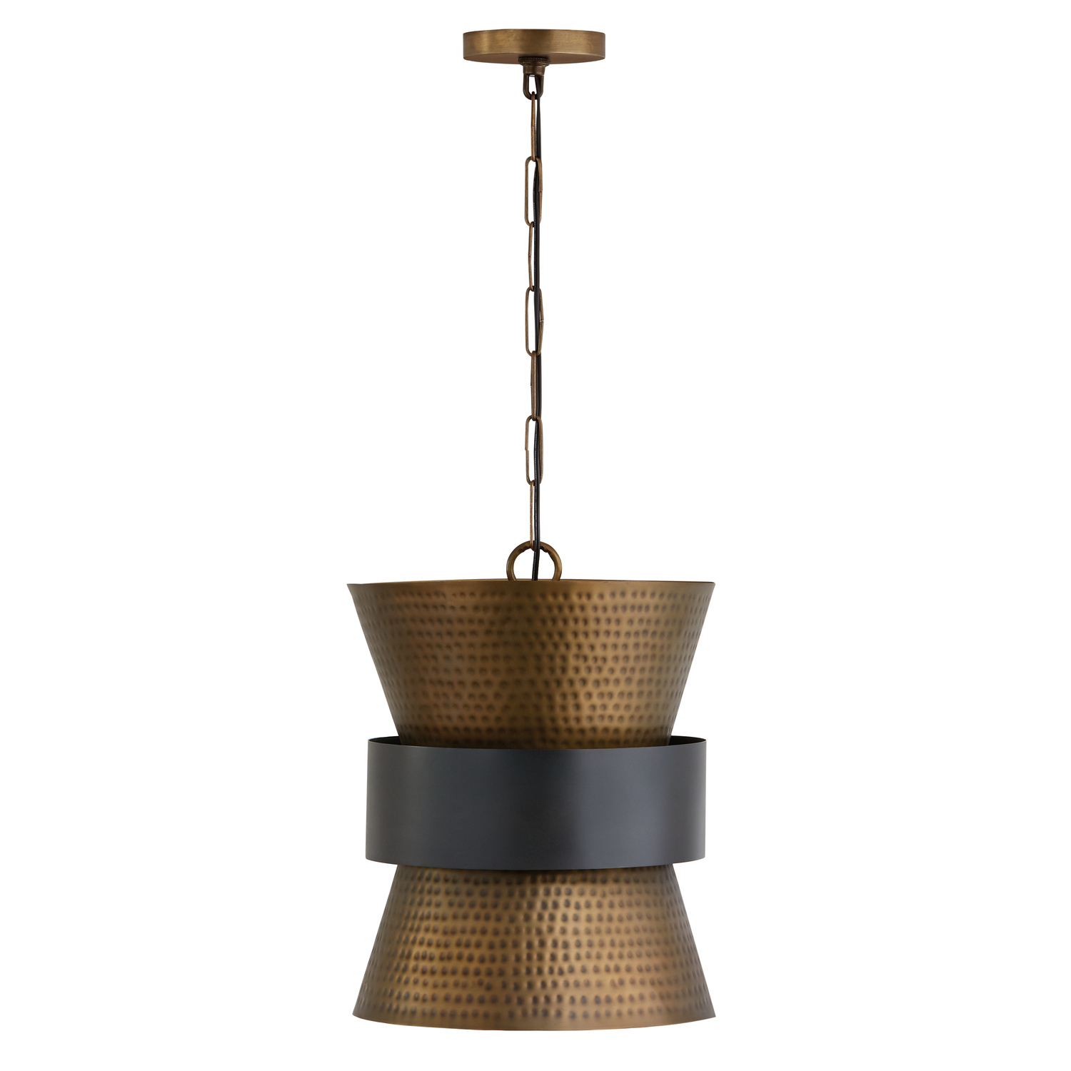 13" W x 17" H 1-Light Pendant in Patinaed Brass and Dark Zinc with Hammered Metal Shade