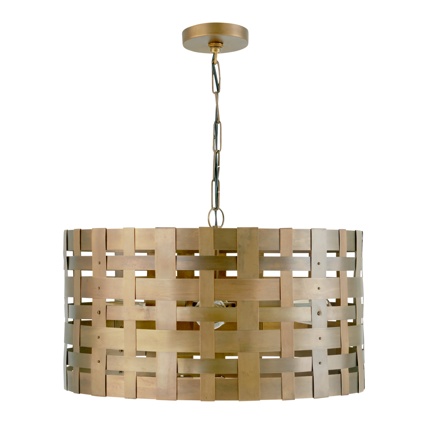 22" W x 13.5" H 4-Light Pendant in Patinaed Brass with Woven Metal Drum Shade