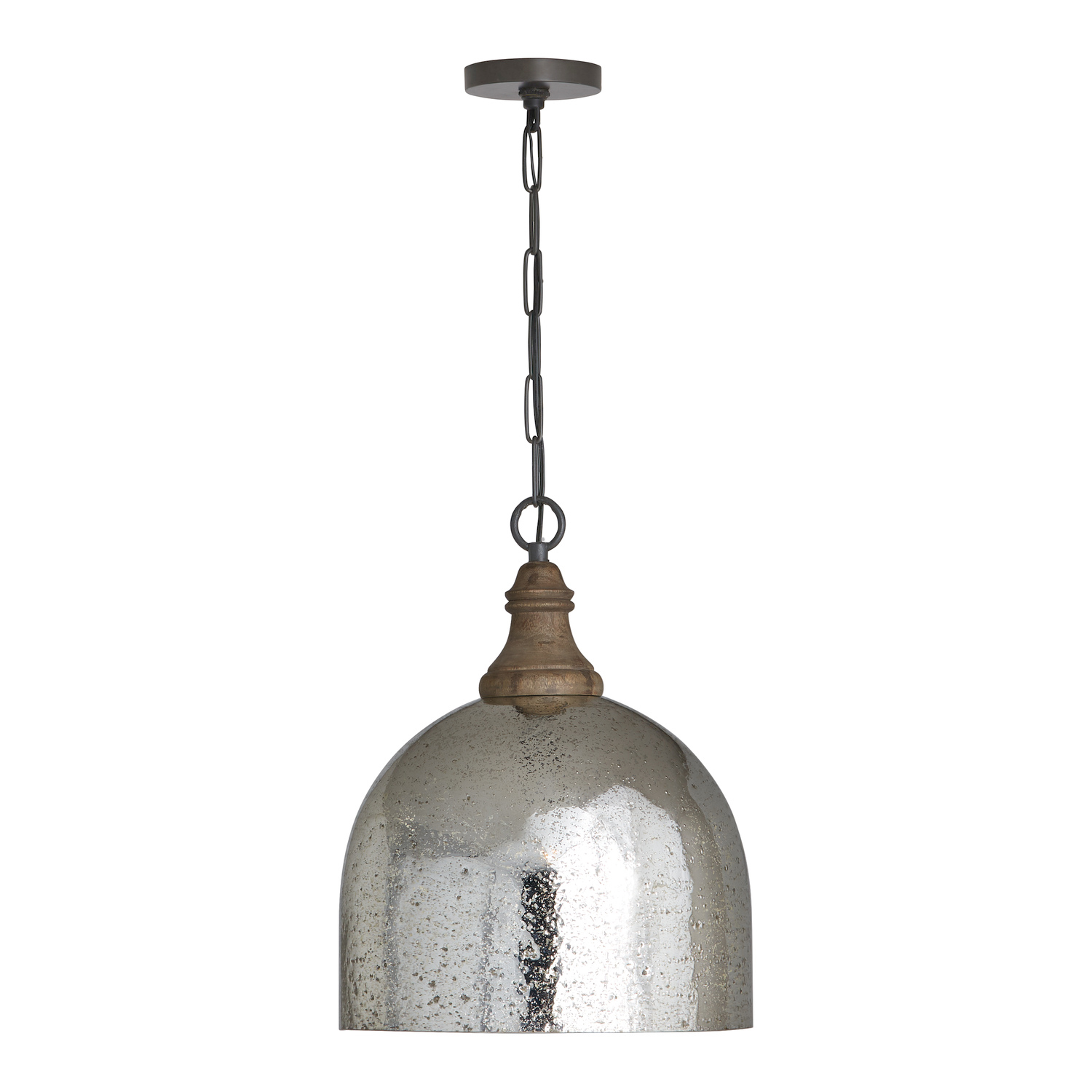 15" W x 19" H 1-Light Stone Seeded Mercury Glass Pendant with Grey Wash Wood Finial in Pewter