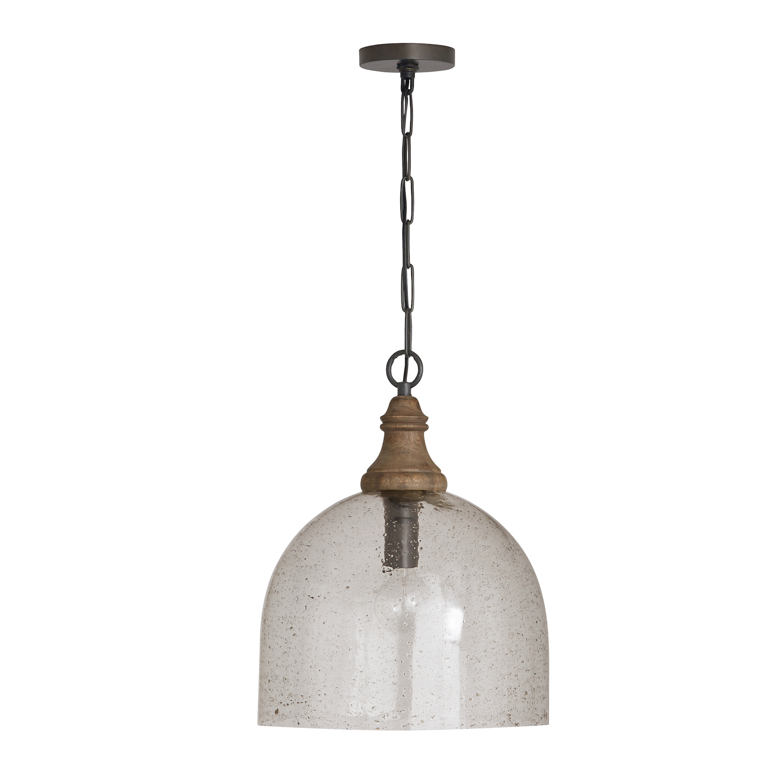 15" W x 19" H 1-Light Stone Seeded Glass Pendant with Grey Wash Wood Finial in Pewter