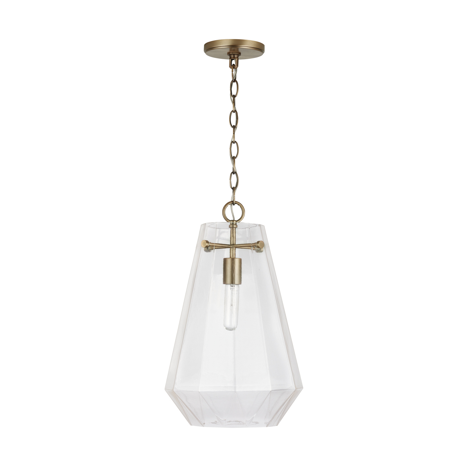11" W x 18.5" H 1-Light Clear Prismatic Glass Pendant in Aged Brass