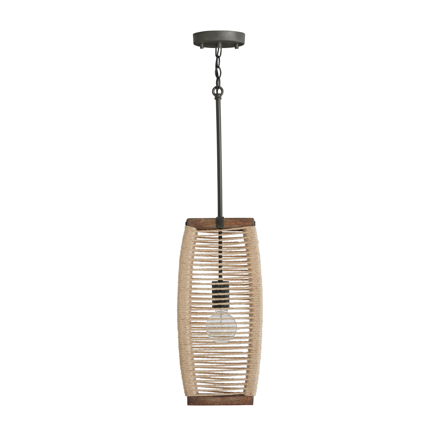 8.5" W x 19" H 1-Light Pendant in Grey Wash and Grey Iron with Intricately Hand-Wrapped Natural Jute