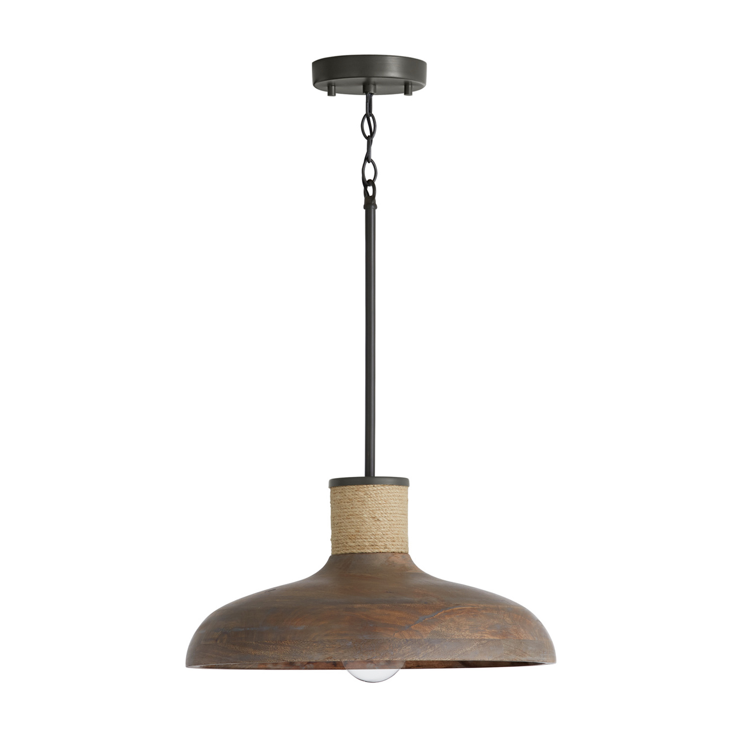 17" W x 9" H 1-Light Curved Wood Bell Pendant in Grey Wash and Grey Iron with Hand-Wrapped Natural Jute