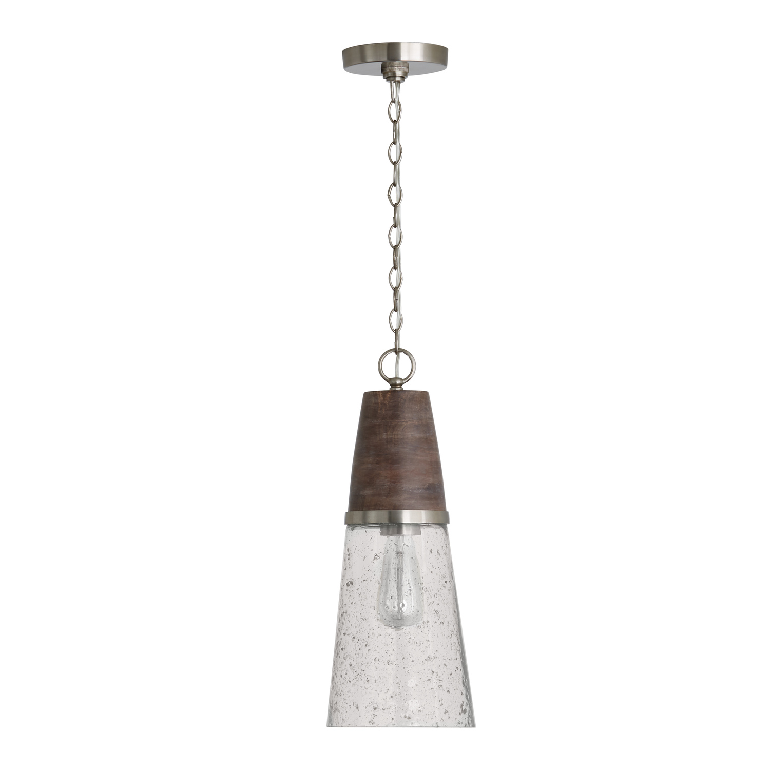 8" W x 19.5" H 1-Light Cone Pendant with Black Wash Wood and Stone Seeded Glass in Matte Nickel