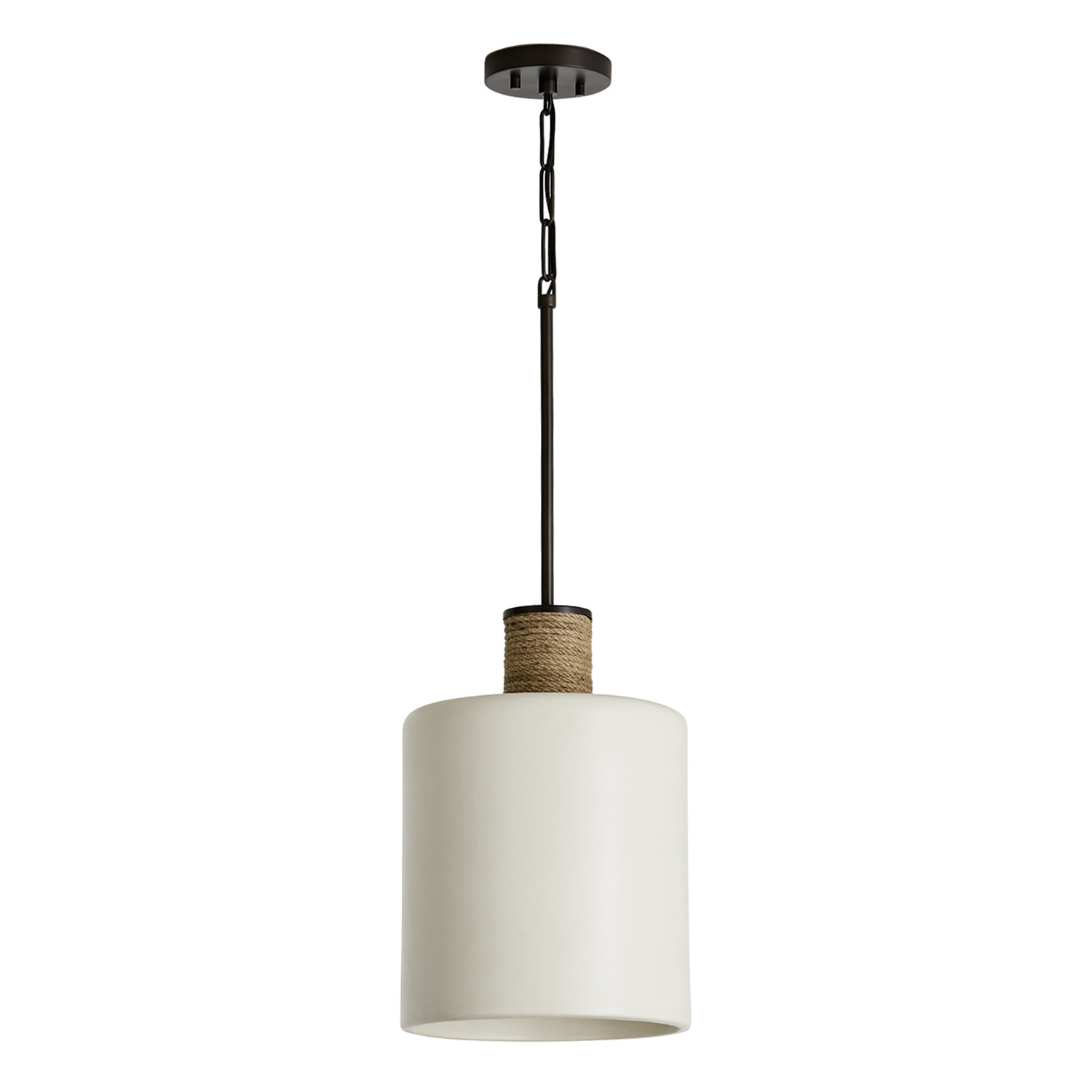 11.5" W x 16.5" H 1-Light Cylinder Pendant in Pewter with Soft White Ceramic Shade and Natural Jute Rope Accent