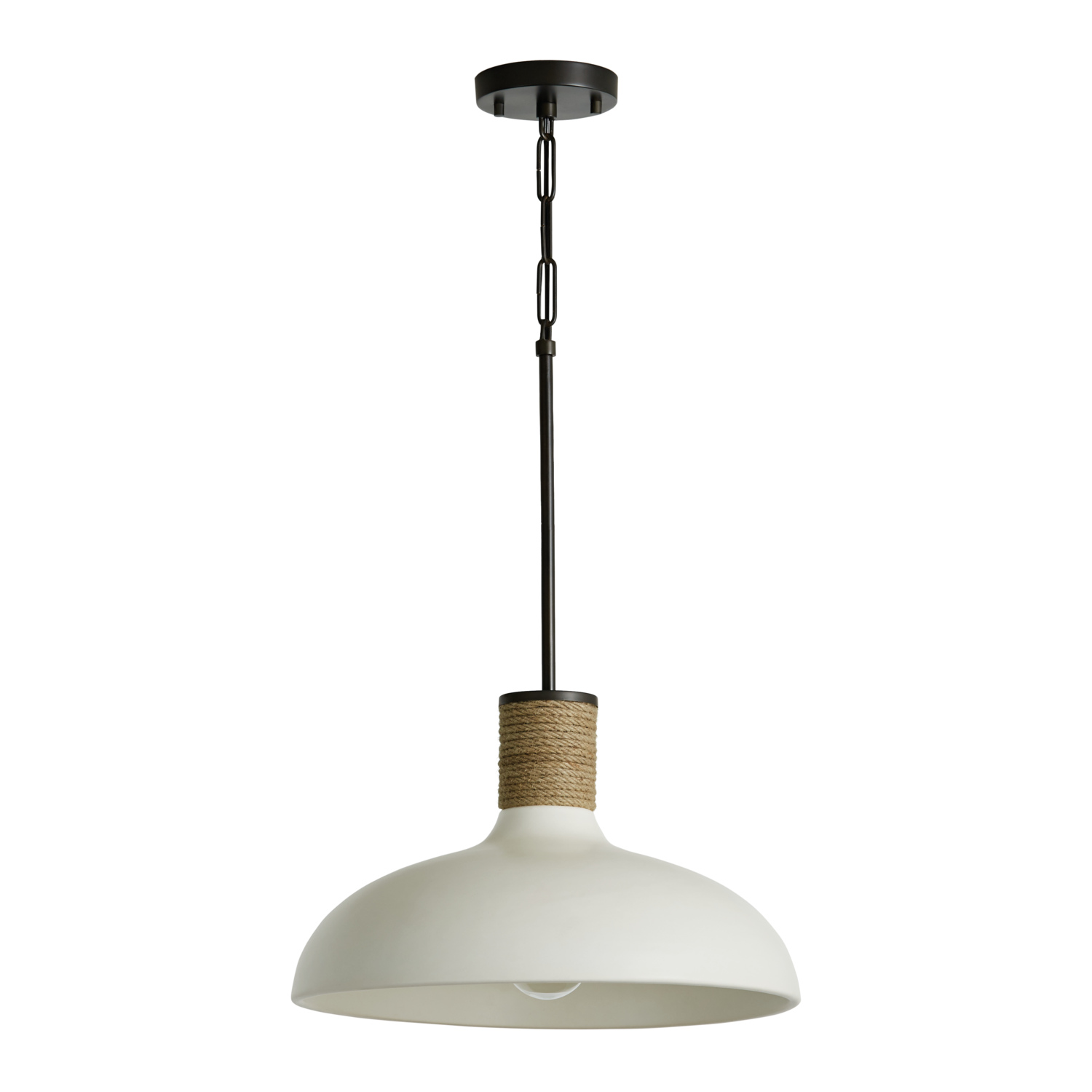 17.5" W x 11.5" H 1-Light Cloche Bell Pendant in Pewter with Soft White Ceramic Shade and Natural Jute Rope Accent
