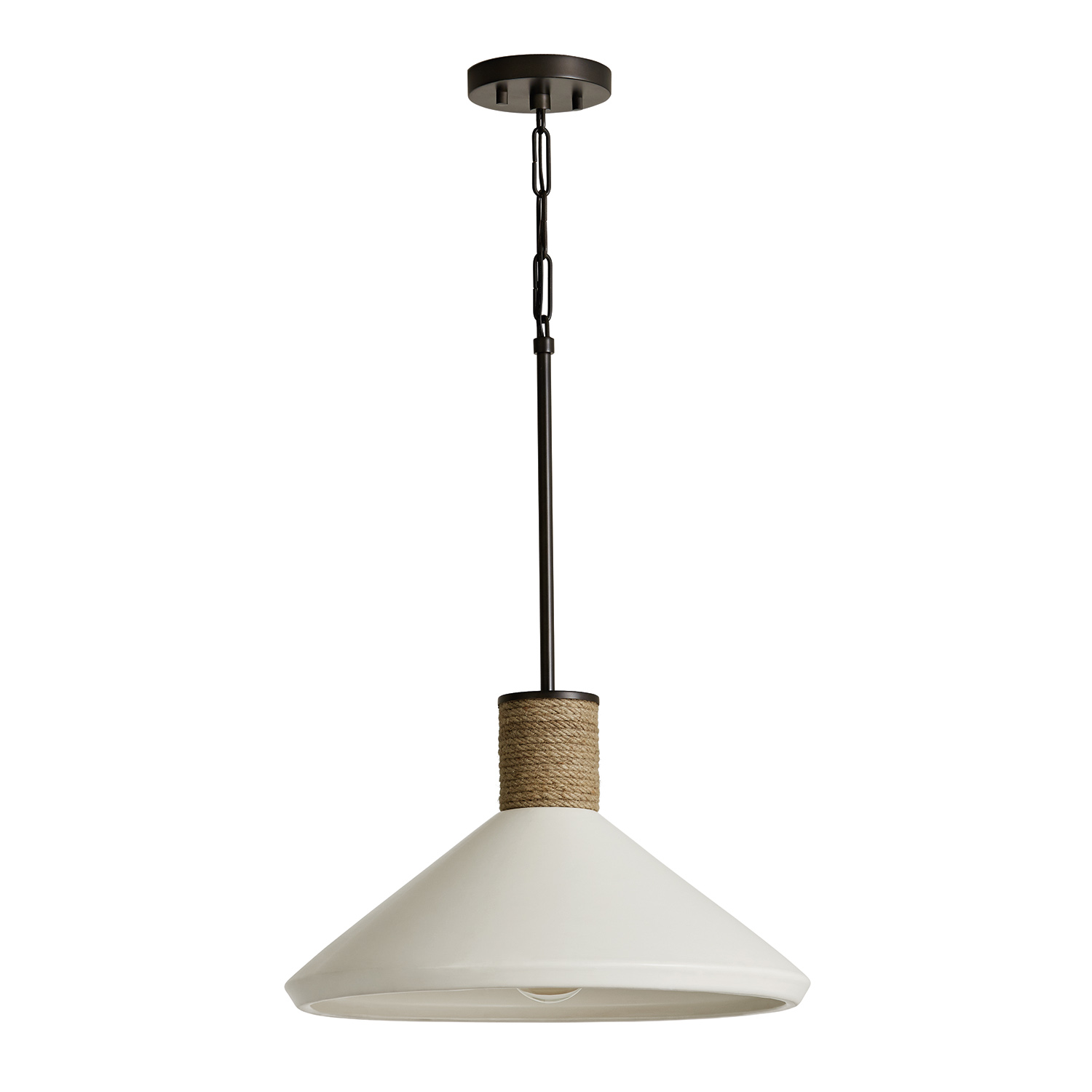 18" W x 10.5" H 1-Light Cone Pendant in Pewter with Soft White Ceramic Shade and Natural Jute Rope Accent