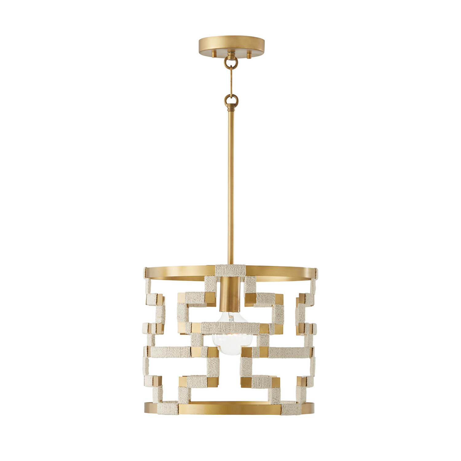 13" W x 11" H 1-Light Pendant in Bleached Natural Jute and Patinaed Brass - Greek Key Pattern Artisan Crafted