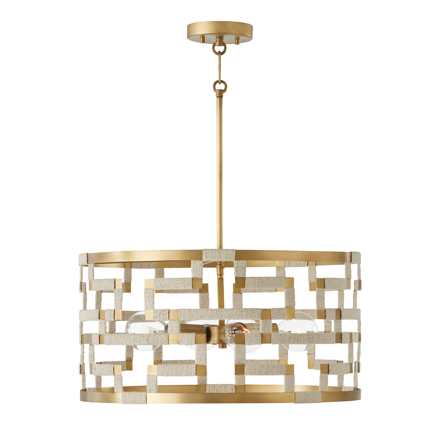 21.5" W x 11" H 4-Light Pendant in Bleached Natural Jute and Patinaed Brass - Greek Key Pattern Artisan Crafted